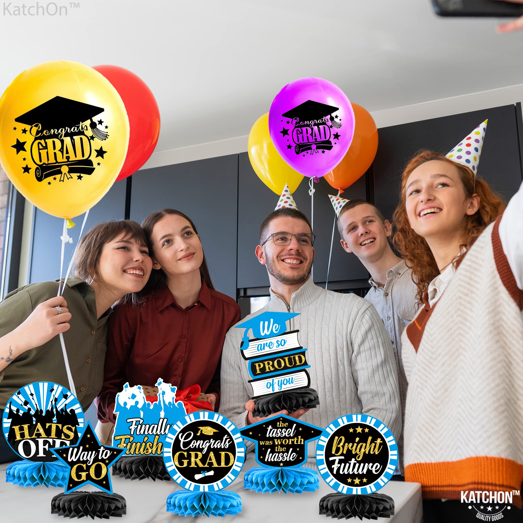 KatchOn 2025 Graduation Table Centerpieces - Pack of 9 Light Blue & Black Honeycomb Decor for Graduation Party, Class of 2025 Decorations | Perfect for Graduation Ceremony, Banquet, and Photo Backdrop Decor