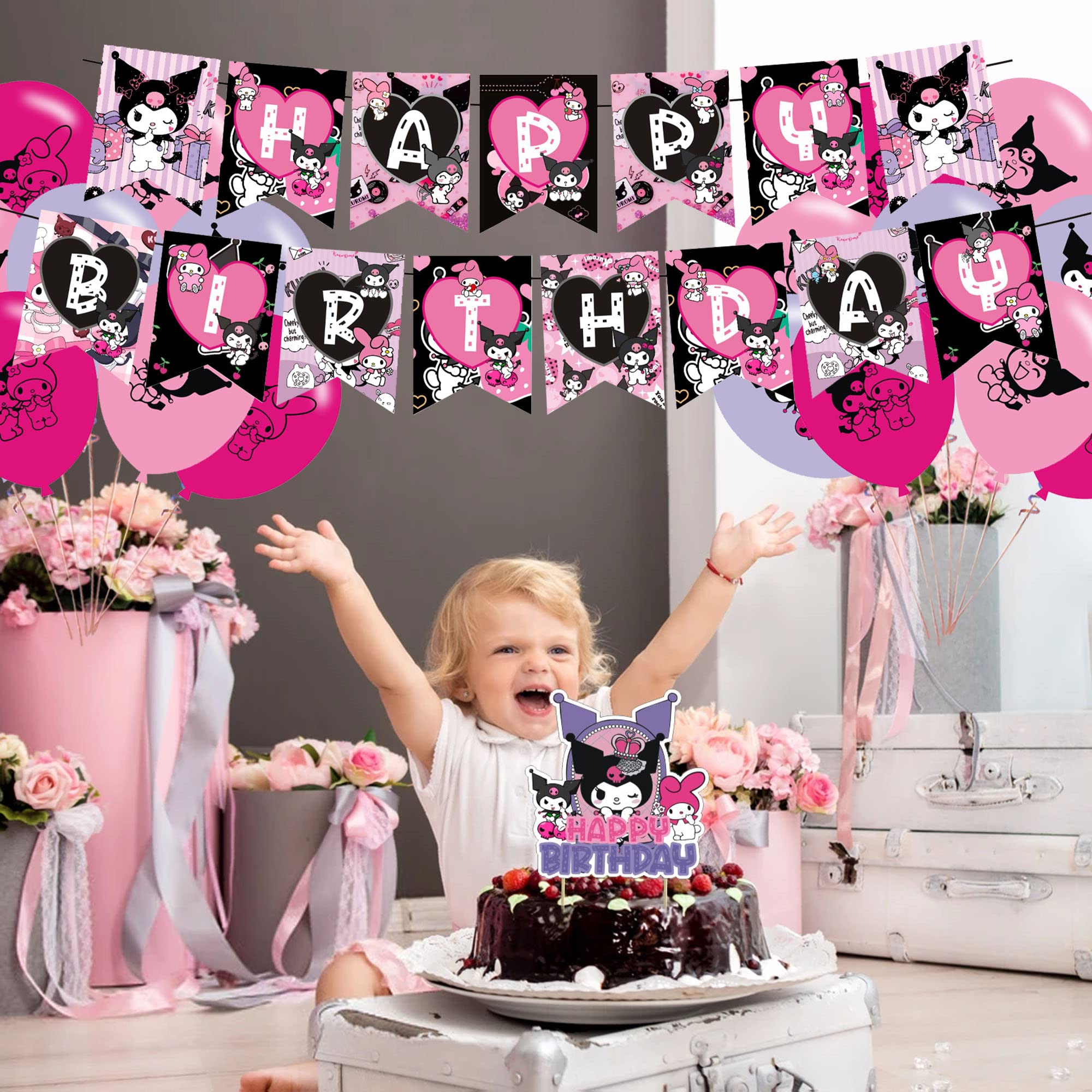 Birthday Party Decorations Set - Includes Banner, Cake Topper, 12 Cupcake Toppers, 18 Balloons & 50 Stickers - Perfect for Kids Birthday Parties, Baby Showers & Celebrations