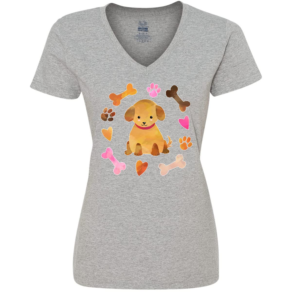 Inktastic Cute Puppy Valentine with Hearts and Bones Women's V-Neck T-Shirt - Perfect for Valentine's Day, Casual Wear & Dog Lovers Gift