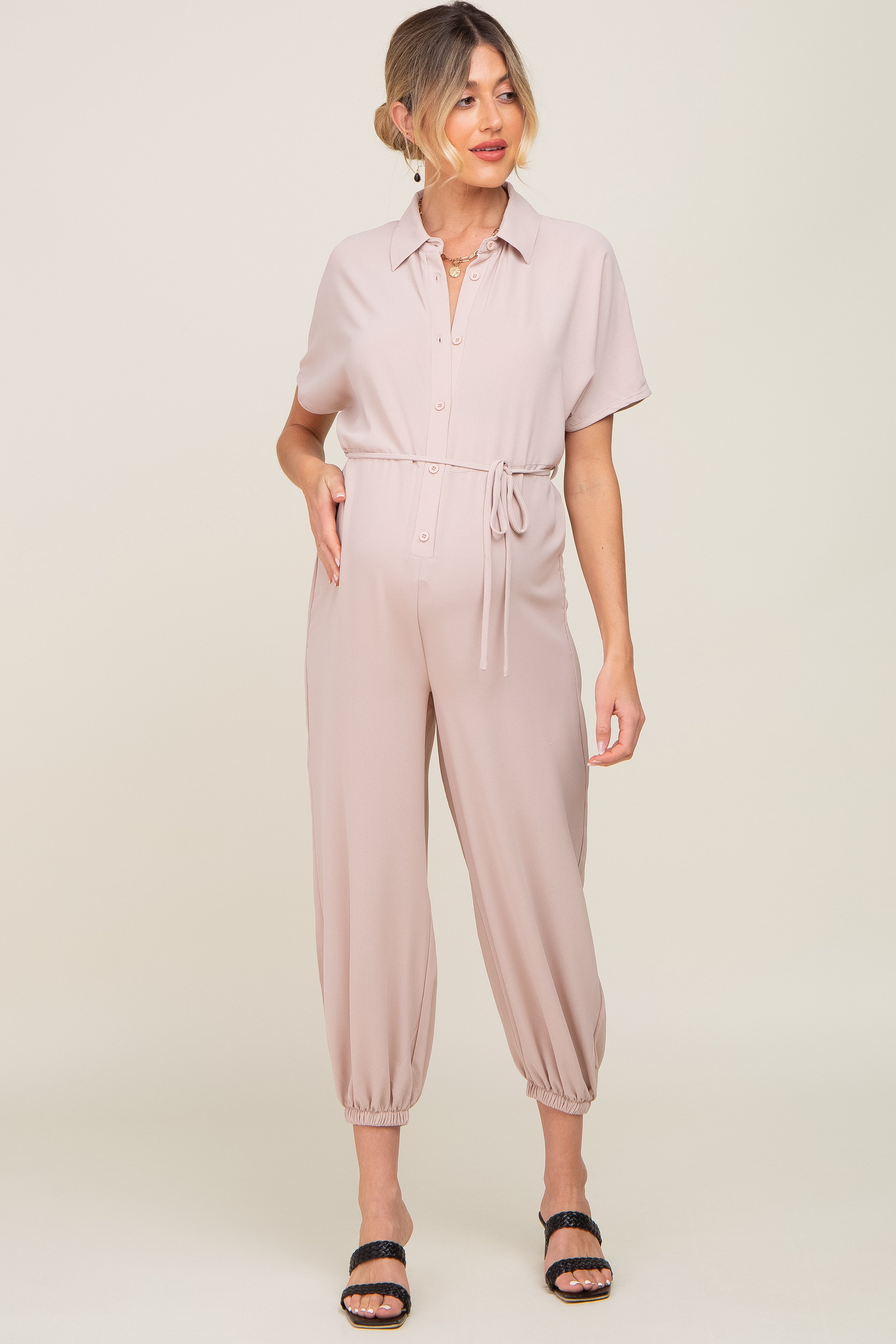 Beige Button Up Maternity Jumpsuit for Women - Comfortable Pregnancy Romper with Pockets - Perfect for Maternity Photos, Baby Showers & Everyday Wear