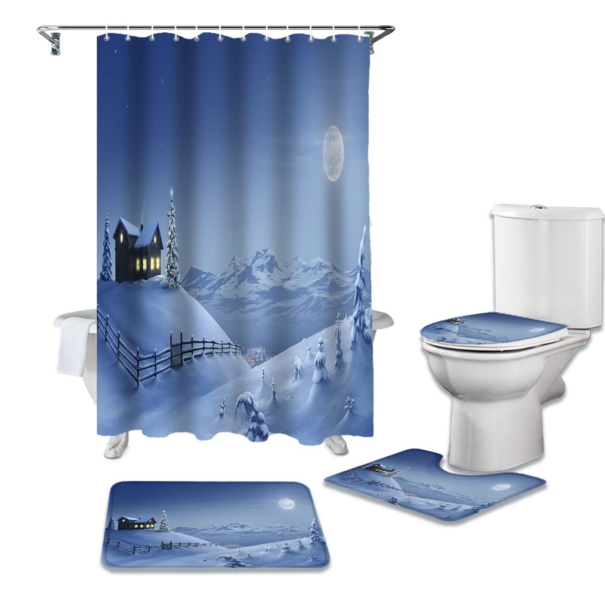 4 Pcs Waterproof Bathroom Set - Shower Curtain, Non-slip Mats & Toilet Cover for Winter Holiday Decor
