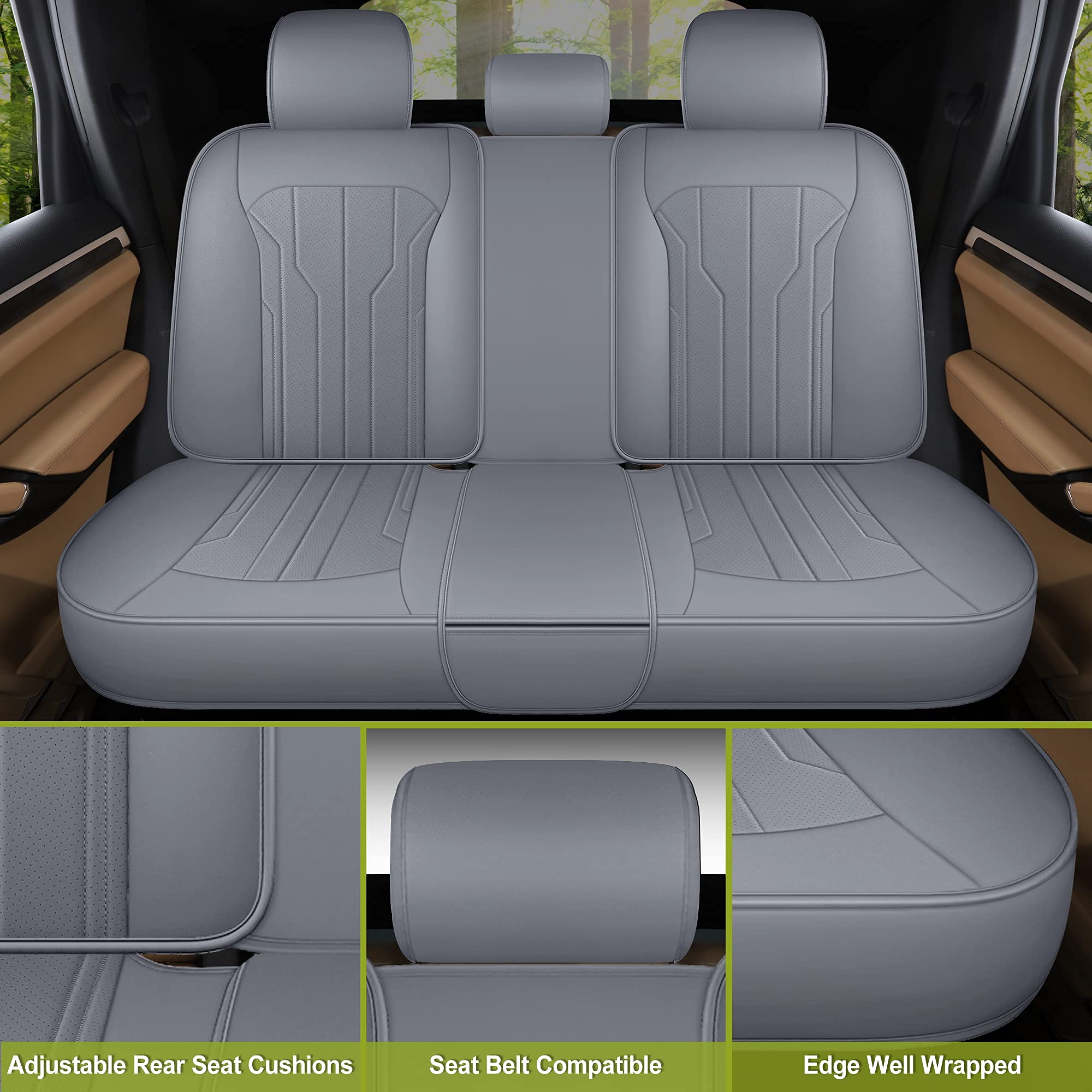 Premium AOOG Leather Car Seat Covers - Universal Fit Leatherette Seat Protectors for Cars, SUVs & Trucks | Non-Slip Auto Interior Accessories (Full Set, Gray) | Perfect for Daily Commuting, Road Trips & Vehicle Protection