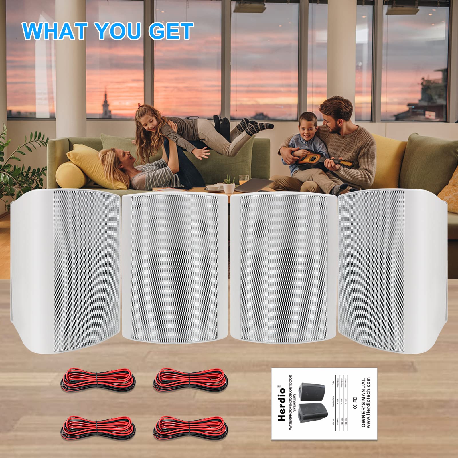 Herdio 5.25 Inch 600W Waterproof Indoor Outdoor Wall Mount Speakers - 4 Pack White High Power Passive Wired Audio System for Patio, Garden, Home Theater, Pool Party & Backyard Entertainment