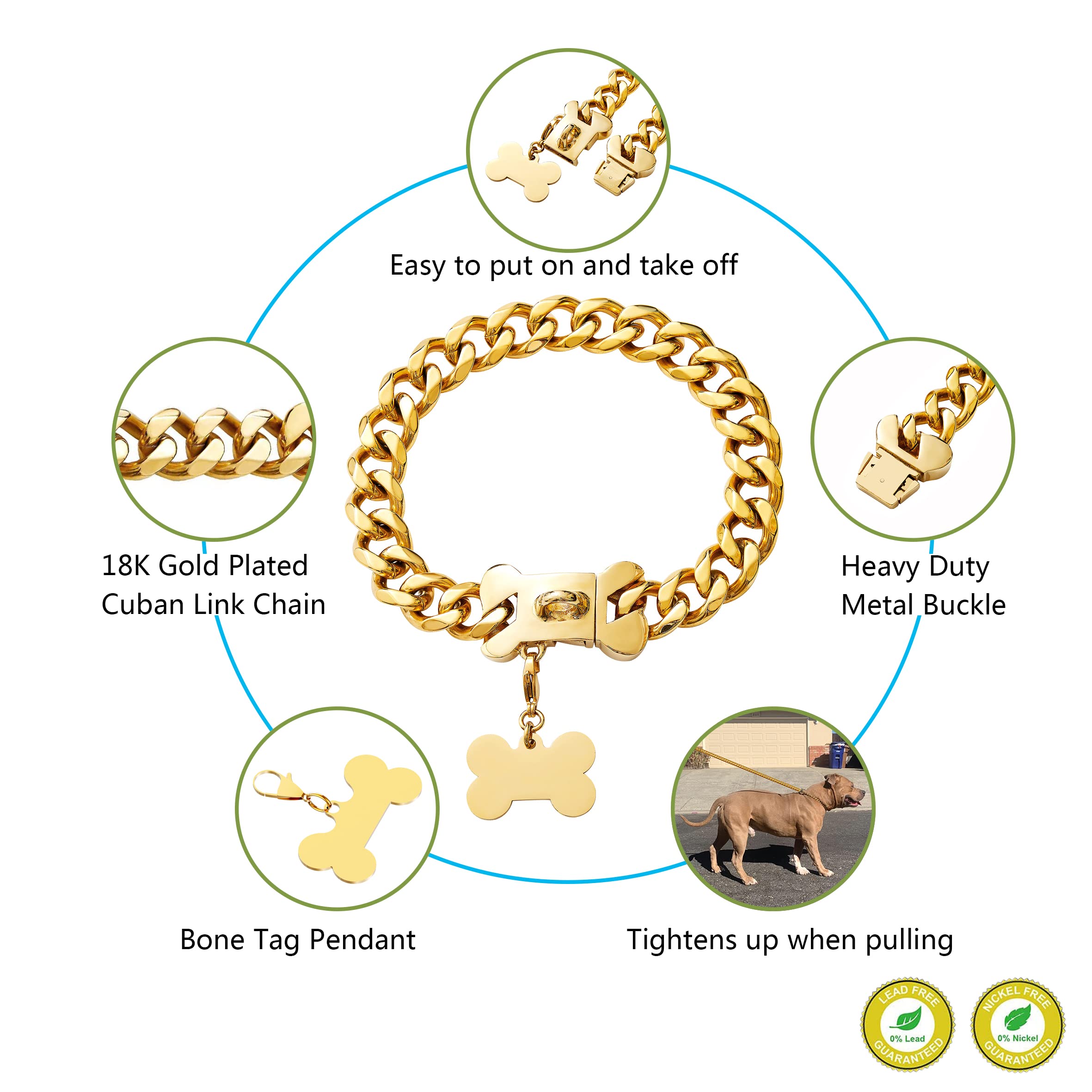 Premium Stainless Steel Heavy Duty Cuban Link Dog Collar - Gold Plated Chain with Metal Buckle for Bully, Pitbull & Large Dogs (10-26 inch) - Durable Training Collar for Walking, Protection & Fashion Accessory