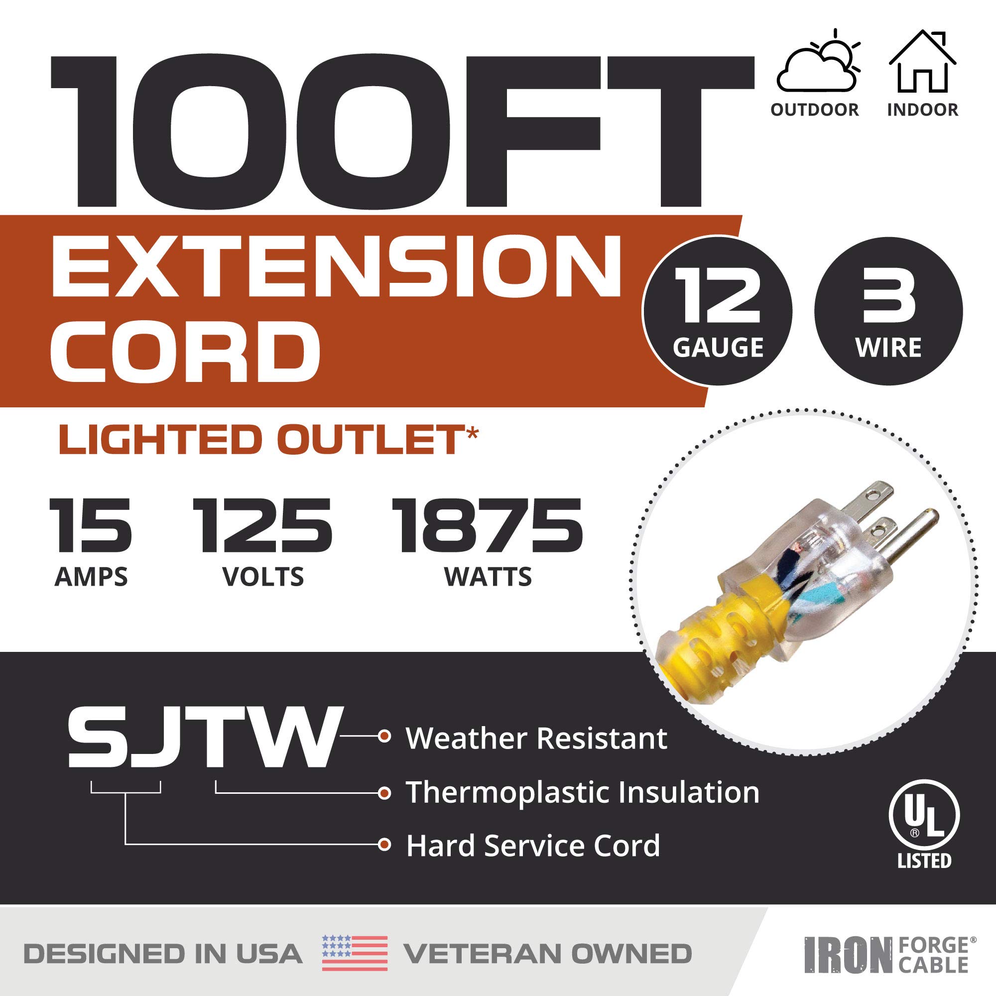 2 Pack 100ft Heavy Duty Outdoor Extension Cord - 12/3 SJTW Yellow Lighted Cable with 3-Prong Grounded Plug, 15 AMP - Perfect for Garden Tools, Power Tools, Christmas Lights & Outdoor Appliances