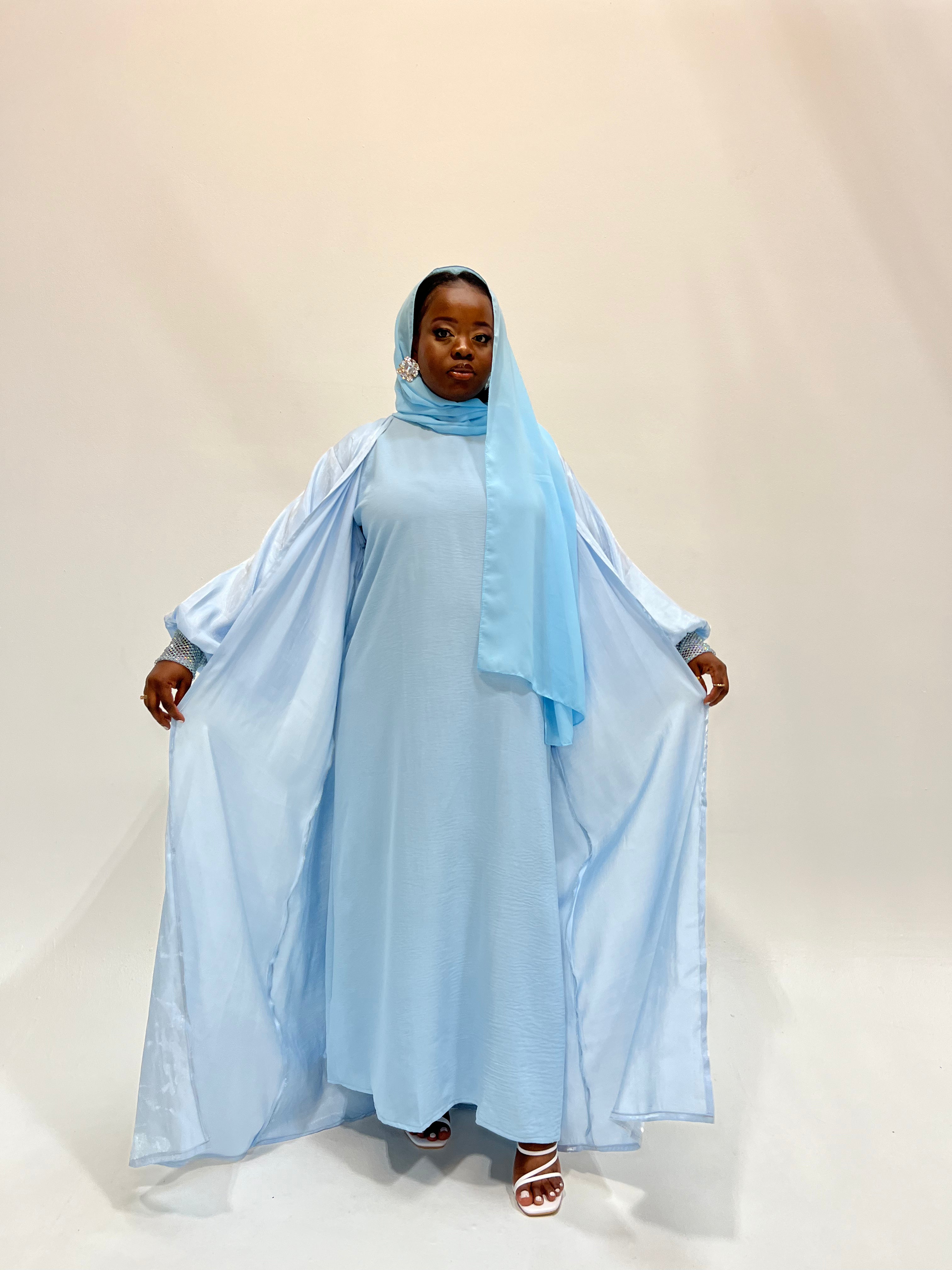 Premium 3-Piece Abaya Set in Sky Blue - Modest Islamic Prayer Dress for Women - Perfect for Eid, Ramadan & Special Occasions