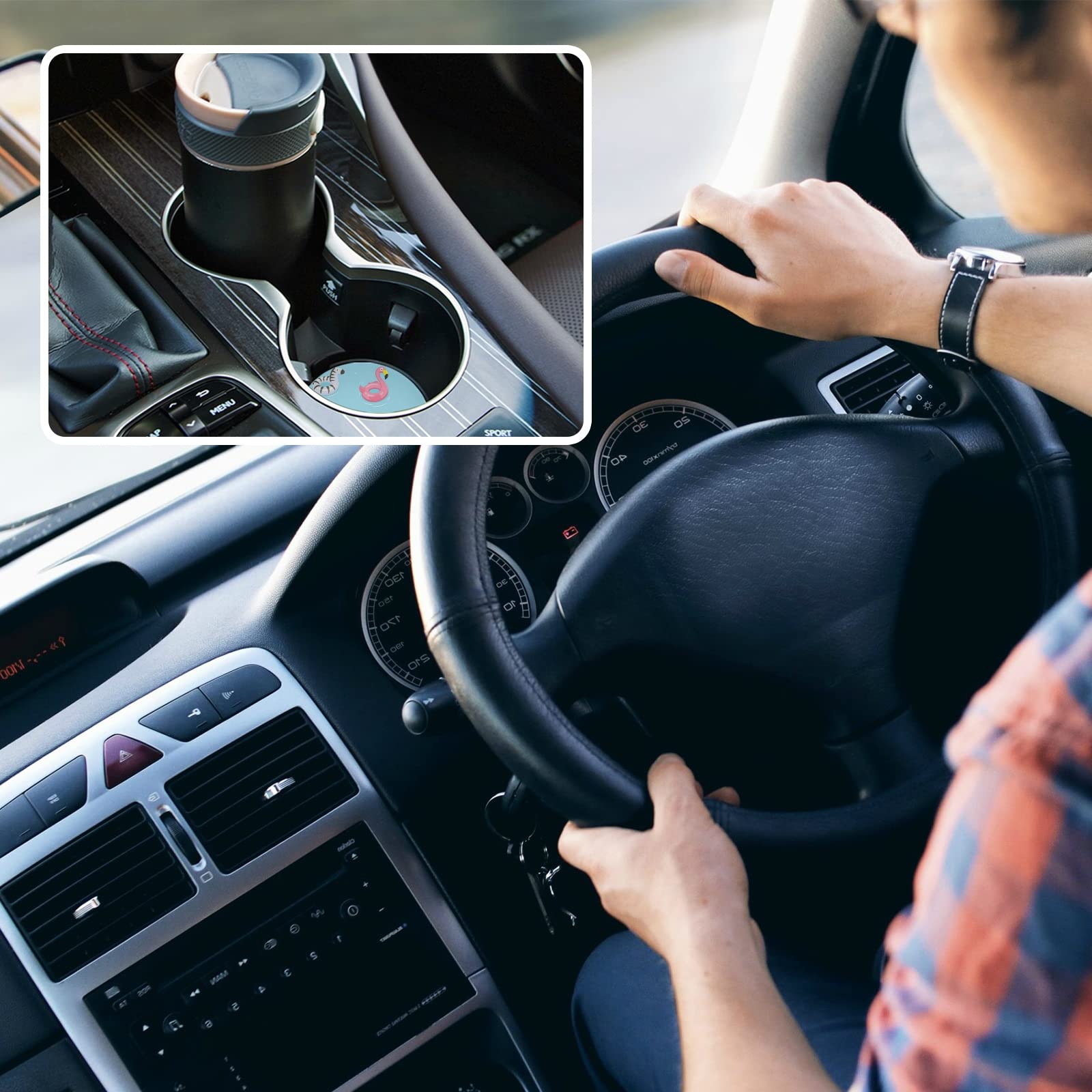 2-Pack Inflatable Rubber Duck Car Coasters with Cork Back & Finger Slot - Absorbent Cup Mats for Flamingo, Unicorn, Zebra Designs - Easy Removal Mug Holder Protects Car Seats - Perfect for Road Trips, Commuting & Daily Drives