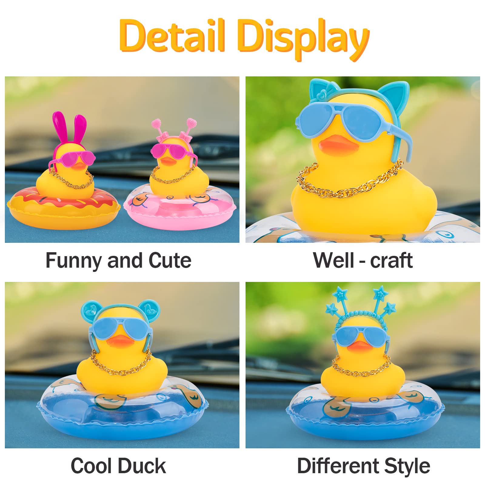 Wonuu Cute Rubber Duck Car Ornament with Headband, Swim Ring, Necklace & Sunglasses - Blue Star Headband Dashboard Decor for Cars - Perfect for Gifts, Parties & Car Accessories