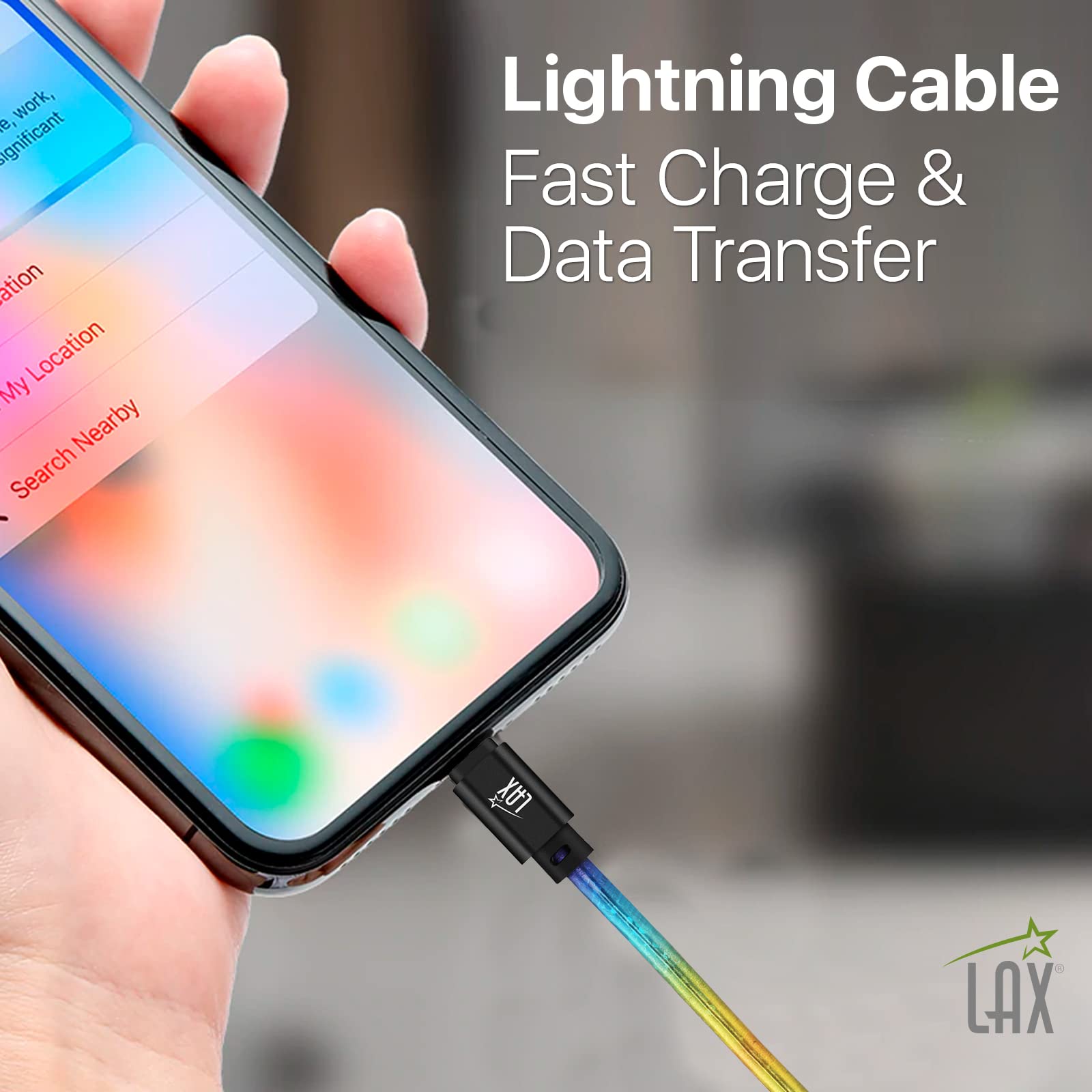 LAX Gadgets USB A to Lightning Cable - Apple MFI Certified Fast Charging Cable for iPhone, iPad, iPod - 6ft Glitter Rainbow Premium Stitched Design - Perfect for Home, Office & Travel Charging