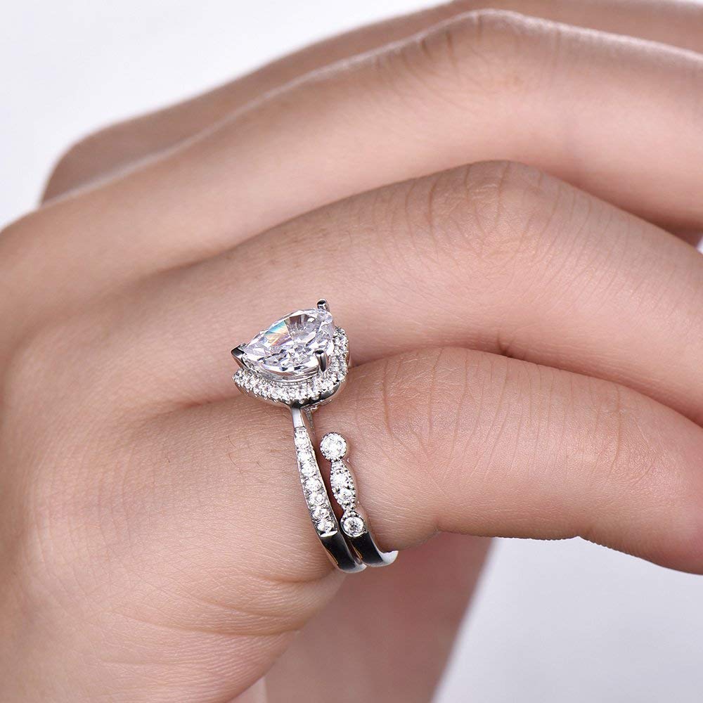 8mm Heart Shaped Engagement Ring Set - CZ Diamond Wedding Ring, Halo Promise Ring, Man Made Diamond Eternity Band in White Gold Plated - Perfect for Proposals, Anniversaries & Romantic Gifts