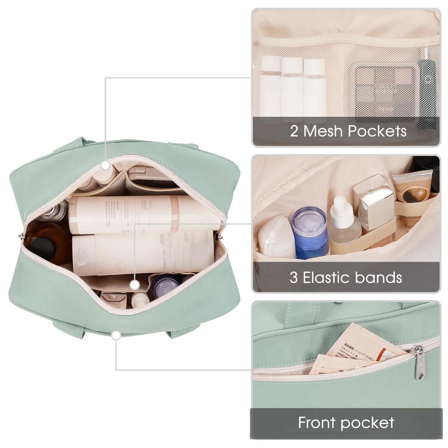 Narwey Large Toiletry Bag for Women - Waterproof Makeup Organizer, Travel Cosmetic Bag with Multiple Pockets for Toiletries & Essentials (Mint Green) - Perfect for Travel, Gym, Camping & Daily Use
