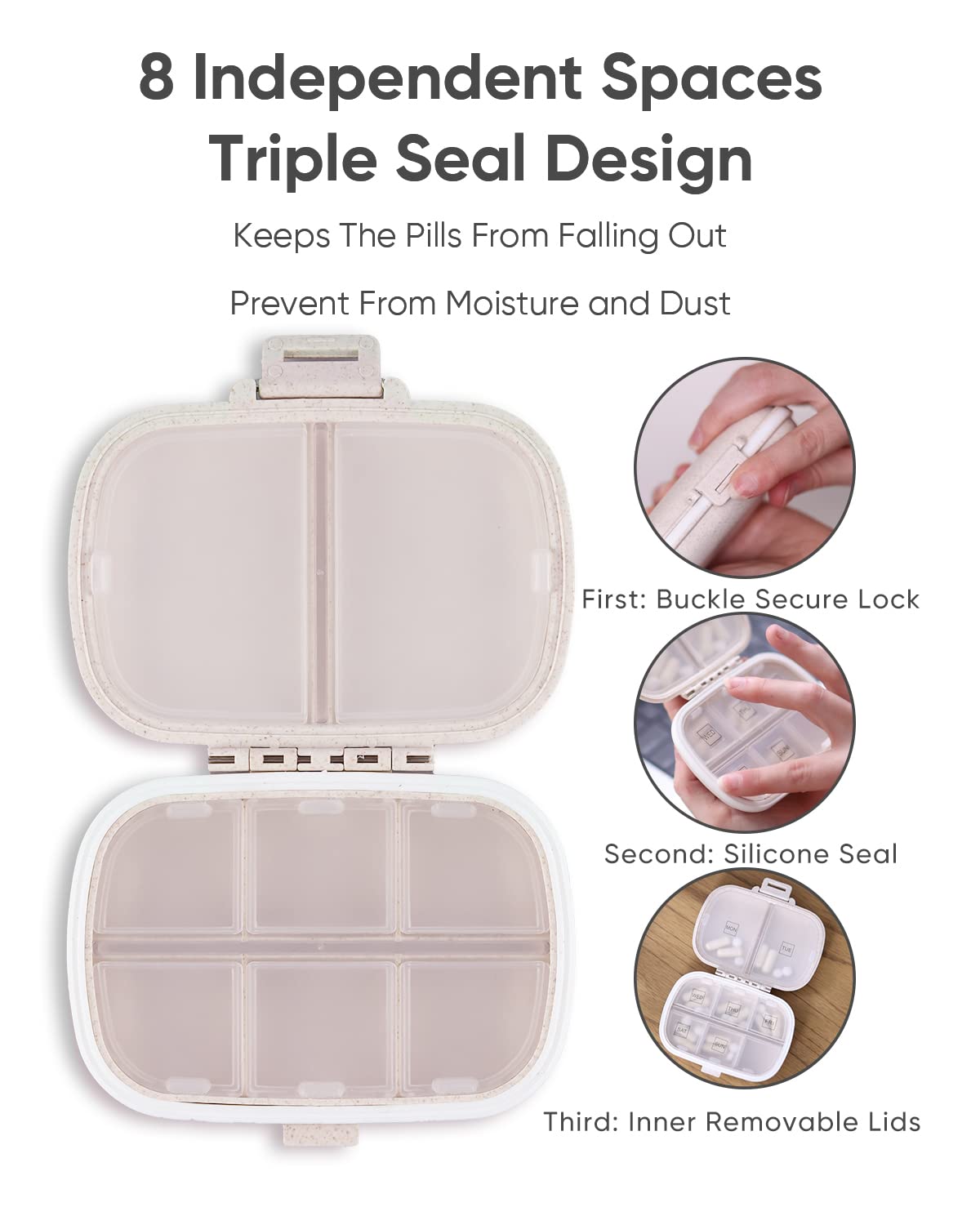 Holii 8-Compartment Travel Pill Organizer - Portable Daily Pill Case for Vitamins & Medicine - Compact Pill Box for Purse, Pocket & On-The-Go Use (Khaki) | Perfect for Travel, Work & Daily Medication Management