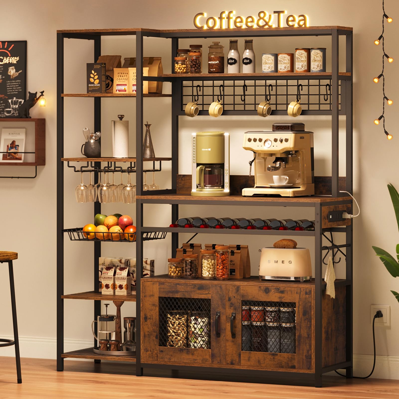 Rustic Brown Bakers Rack with Power Outlet - 47.2 Inch Microwave Stand with Storage Shelves, Coffee Bar Cabinet, Kitchen Pantry Hutch - Includes Side Hooks, Wine Rack & Goblet Holder - Perfect for Kitchen Organization, Coffee Station or Dining Room Storage (Medium Size)