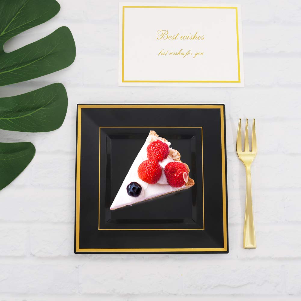 100PCS Black Square Plastic Plates with Gold Rim - 6 Inch Disposable Cake Plates - Premium Hard Square Appetizer Plates for Birthday, Wedding, Party & New Year Celebration - Elegant Dessert Serving for Cocktail Receptions & Holiday Gatherings