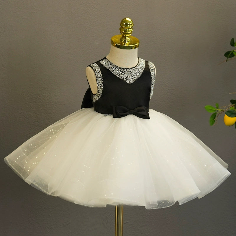 Black Princess Round Tea Length Satin Flower Girl Dress for Weddings, Flower Girls & Special Occasions