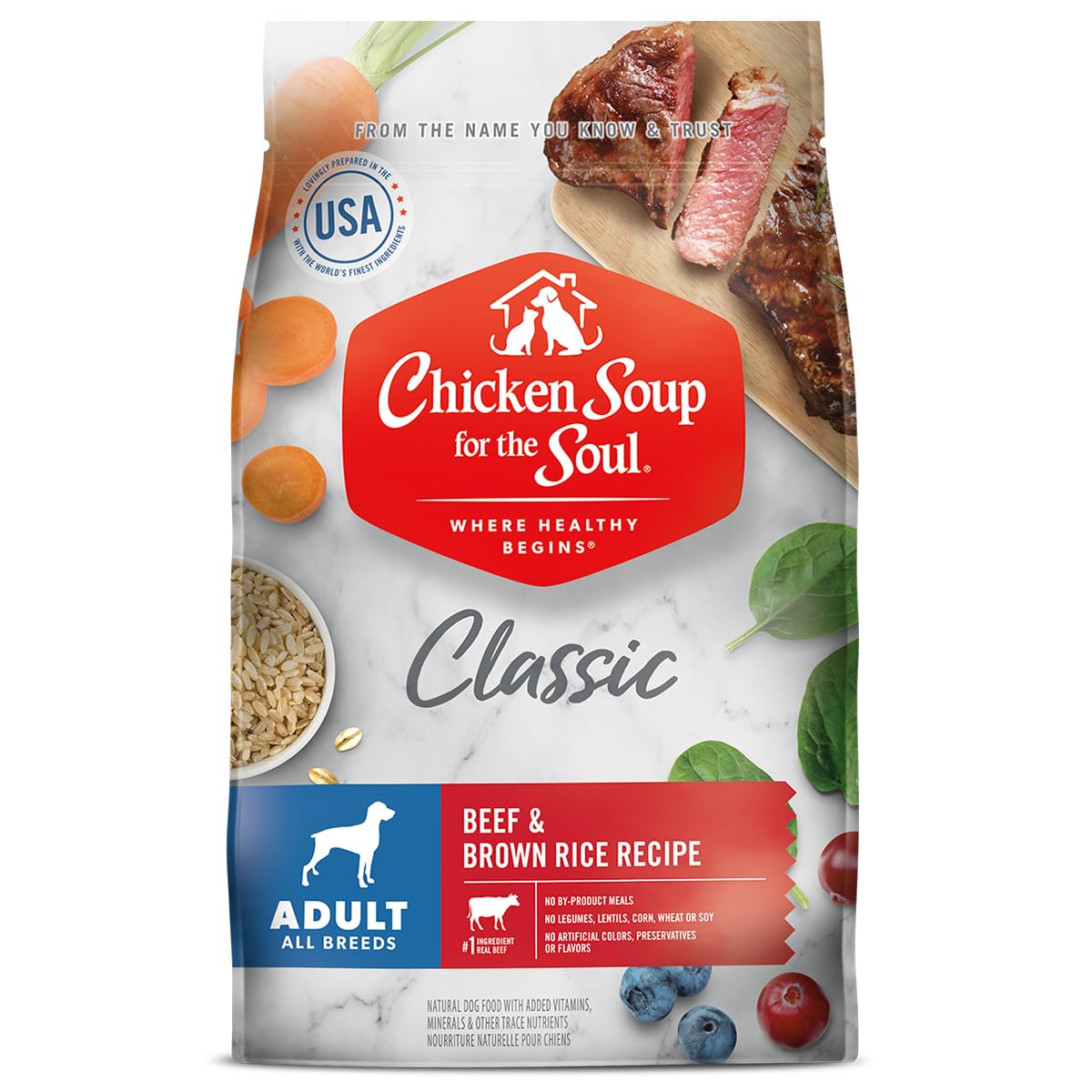 Chicken Soup for the Soul Classic Dry Adult Dog Food - Beef & Brown Rice Recipe, 28lb Bag | Soy Free, Corn Free, Wheat Free, Natural Ingredients | Premium Kibble for Large & Medium Breed Dogs, Ideal for Daily Meals & Training Treats