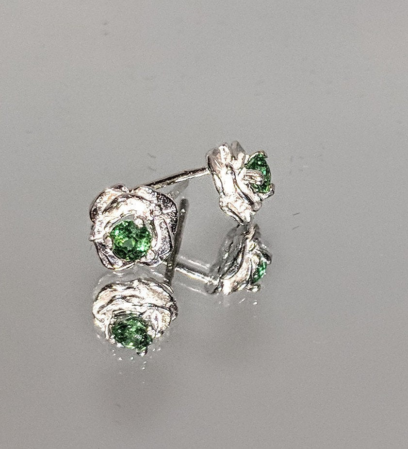 Genuine Solid Sterling Silver Rose Stud Earrings with Natural Sapphire, Ruby, Emerald Birthstones | Petite Jewelry for Women | Perfect Gift for Birthday, Anniversary & Special Occasions