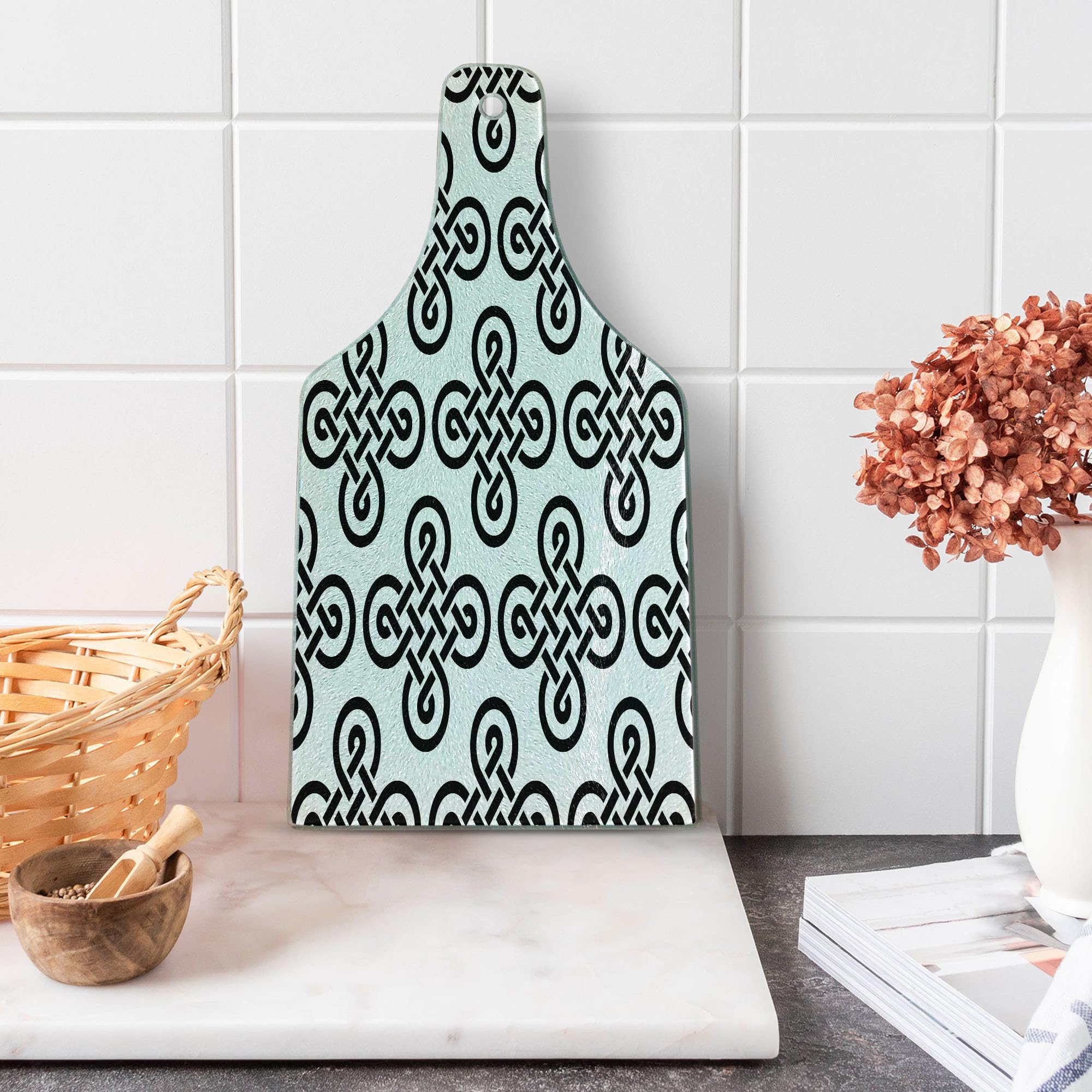 Ambesonne Celtic Tempered Glass Cutting Board - Irish Knot Design, Black & White Wine Bottle Shape - Durable Kitchen Serving Board for Cheese, Charcuterie & Entertaining