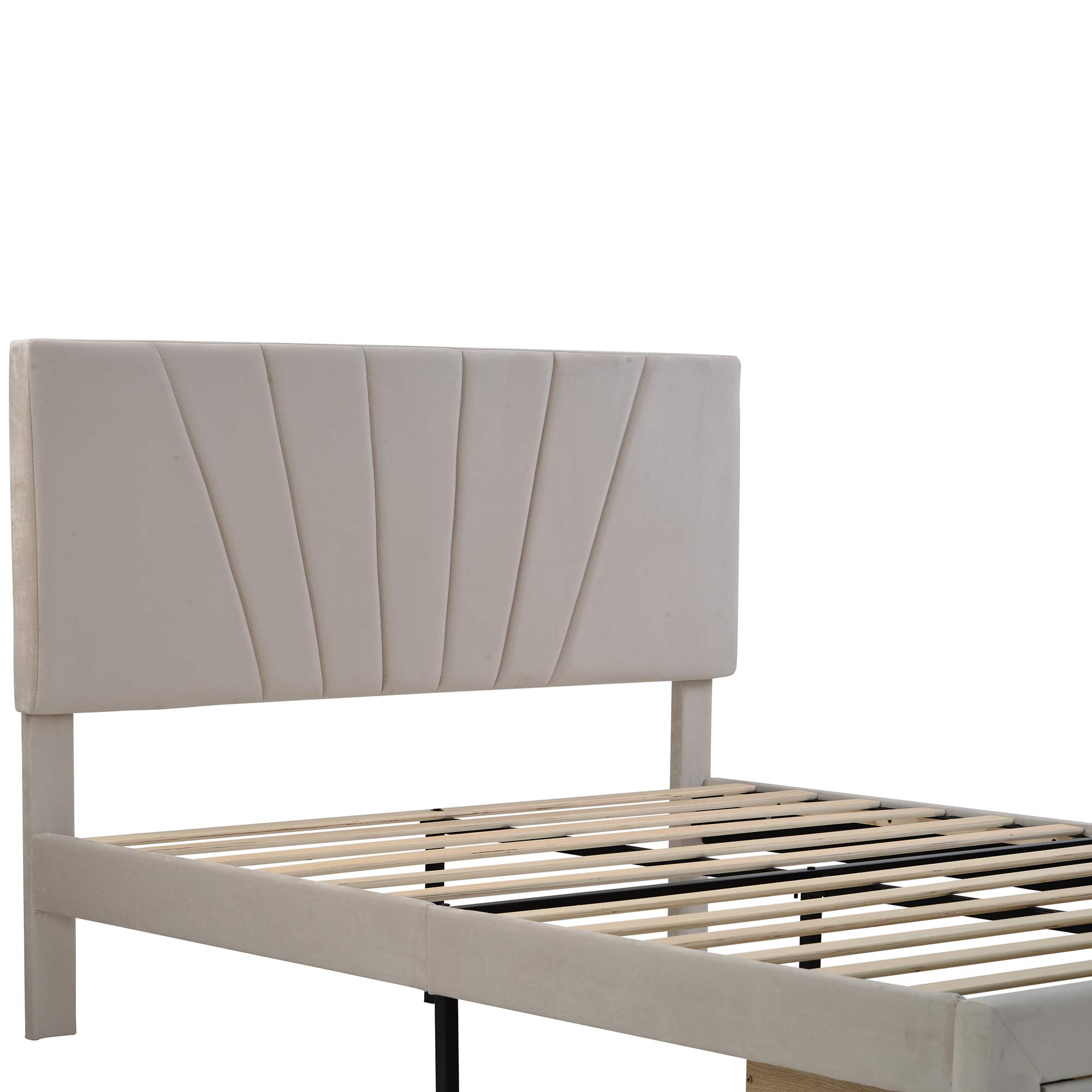 Elegant Queen Platform Bed with Storage - Velvet Headboard & Wood Slats for Bedroom (Beige)