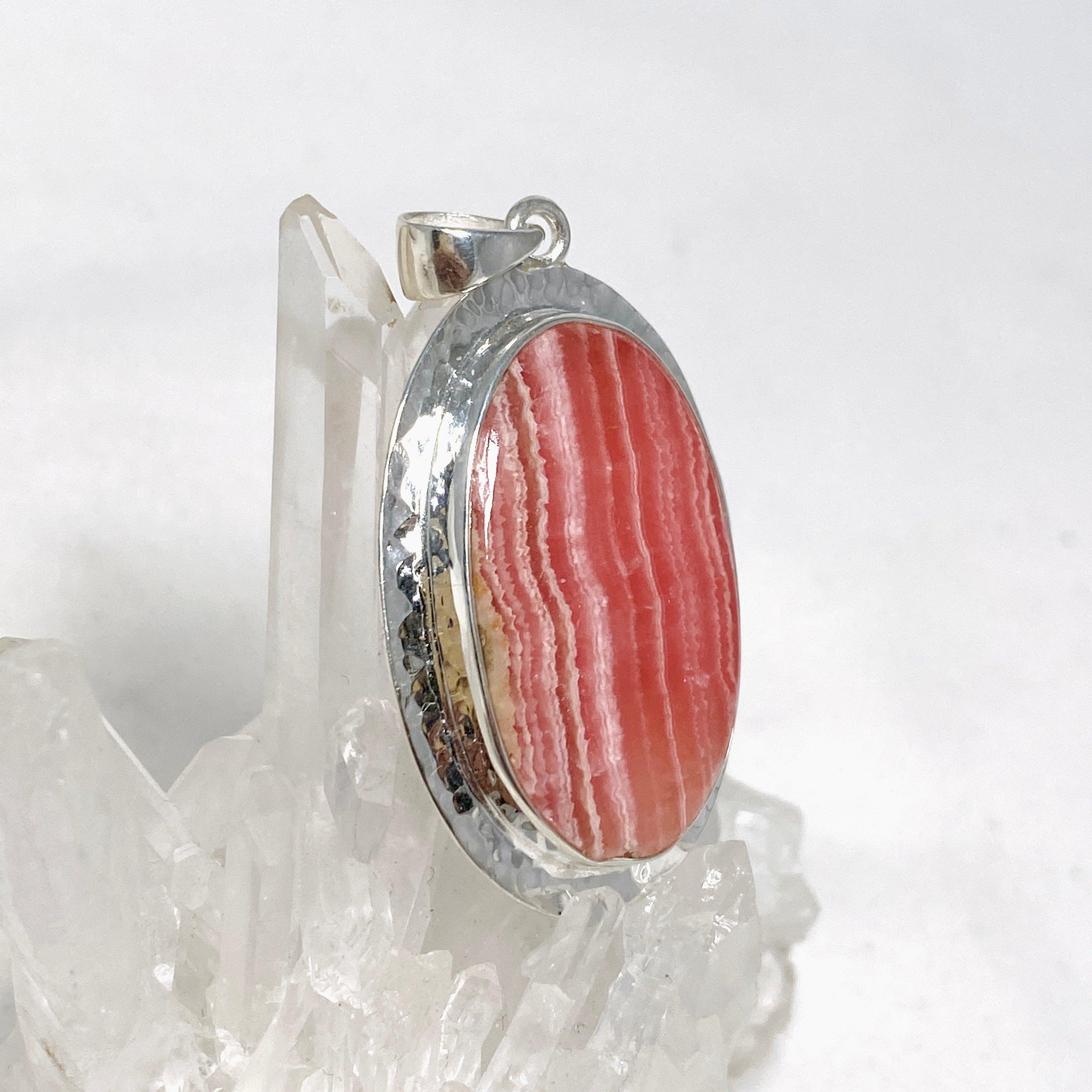 Rhodochrosite Oval Pendant Necklace - Handcrafted Hammered Sterling Silver Setting KPGJ4320 | Elegant Jewelry Gift for Women, Perfect for Weddings & Special Occasions