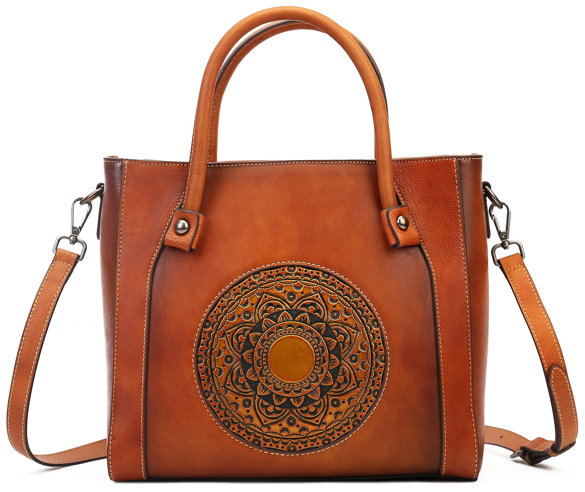 Genuine Leather Handbag for Women - Retro Embossed Mandala Designer Purse, Handmade Italian Leather Tote Bag - Perfect for Work, Travel & Everyday Use