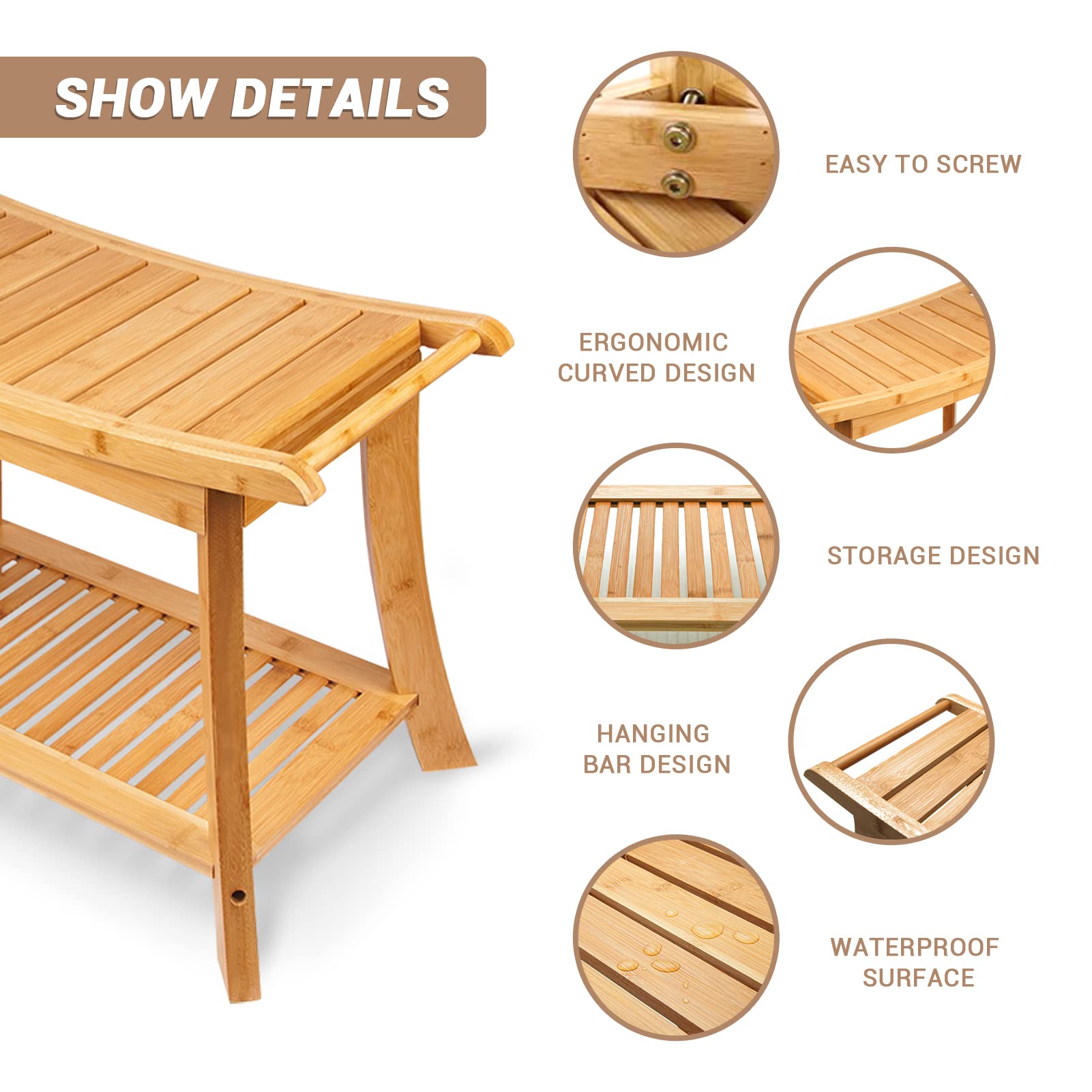 Gnomiya Bamboo Shower Bench with Handles & Storage Shelf - Wooden Shower Stool Seat for Bathroom, Spa, Shaving Legs & Relaxation - Non-Slip Bath Chair for Elderly & Disabled (Perfect for Small Spaces & Wet Rooms)