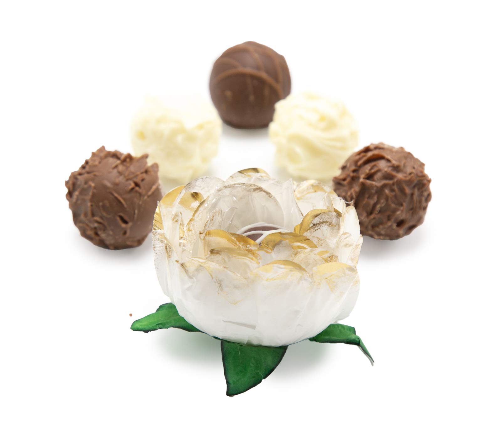 Truffilio Handmade Paper Truffle Cups - 30 Pack Peony White Gold Trim | Eco-Friendly Candy Liners & Wrappers for Chocolate Truffles, Cupcakes, Party Favors & Wedding Desserts