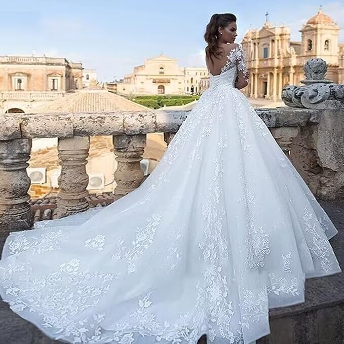Elegant Floral Lace A-Line Wedding Dress for Women – Romantic Tulle Bridal Gown with Appliques – Perfect for Church Ceremonies, Beach Weddings & Vow Renewals