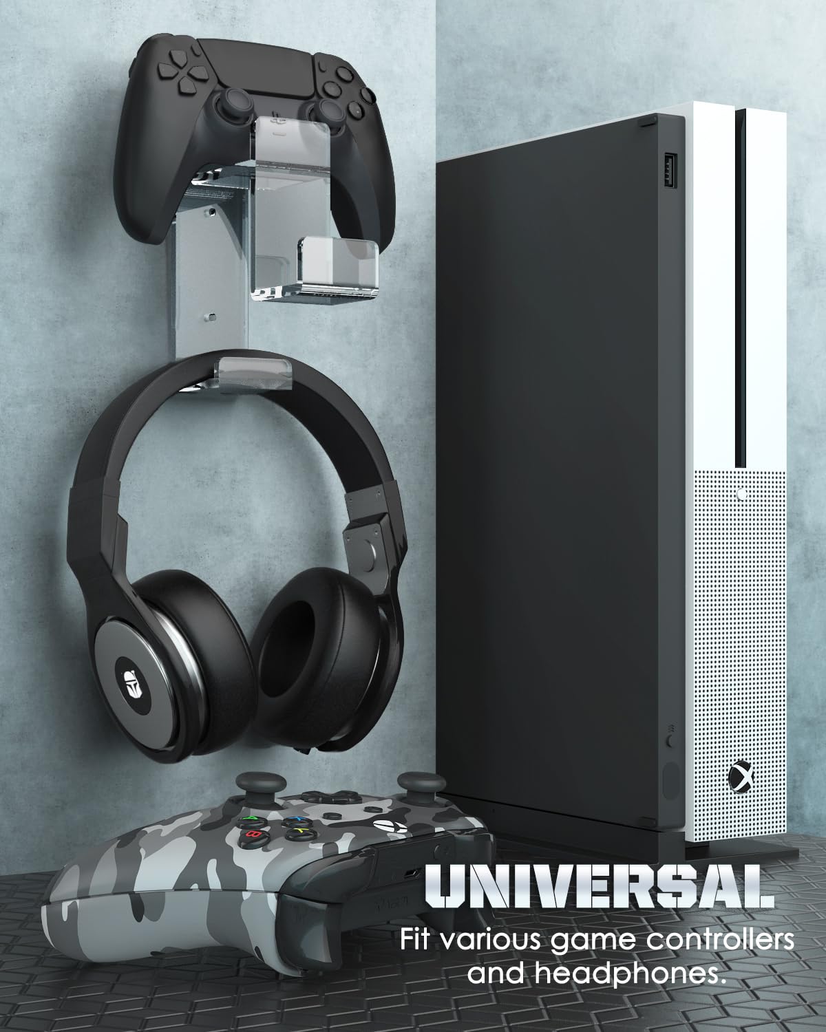 Moko Dual Game Controller Holder & Headphone Stand - Wall Mount for PS5, PS4, PS3, Xbox, Nintendo Switch, Steam Deck & PC Gaming Accessories - Perfect for Organizing Headsets and Controllers in Gaming Room Setup