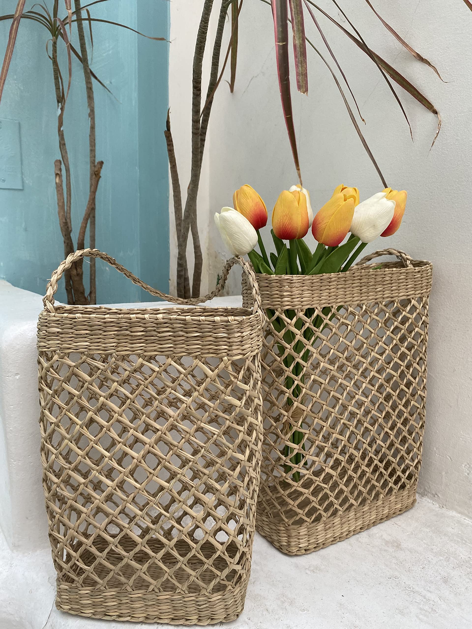 Handmade Seagrass Wall Hanging Baskets Set of 2 - Boho Farmhouse Wicker Decor for Front Door, Flowers, Wreaths & Pampas Grass | Perfect for Spring Decor, Wedding Centerpieces & Cozy Home Styling