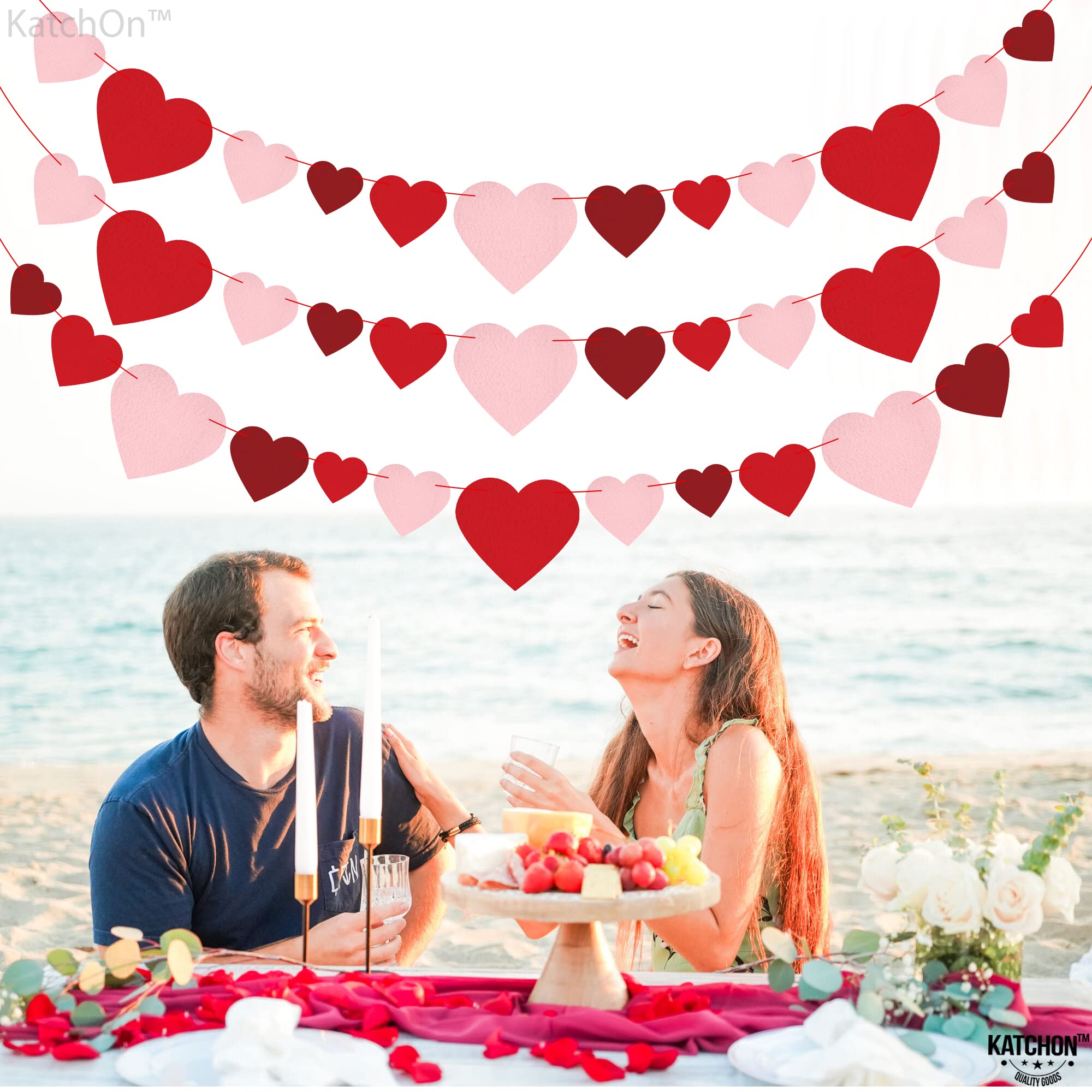 KatchOn Felt Valentine's Day Garland - 3 Strings, 8.2 Feet Red Heart Banner for Wall Decor | Ready-to-Hang Galentine's Day & Valentine's Party Decorations | Perfect for Home, Office, Wedding, Baby Shower & Romantic Events