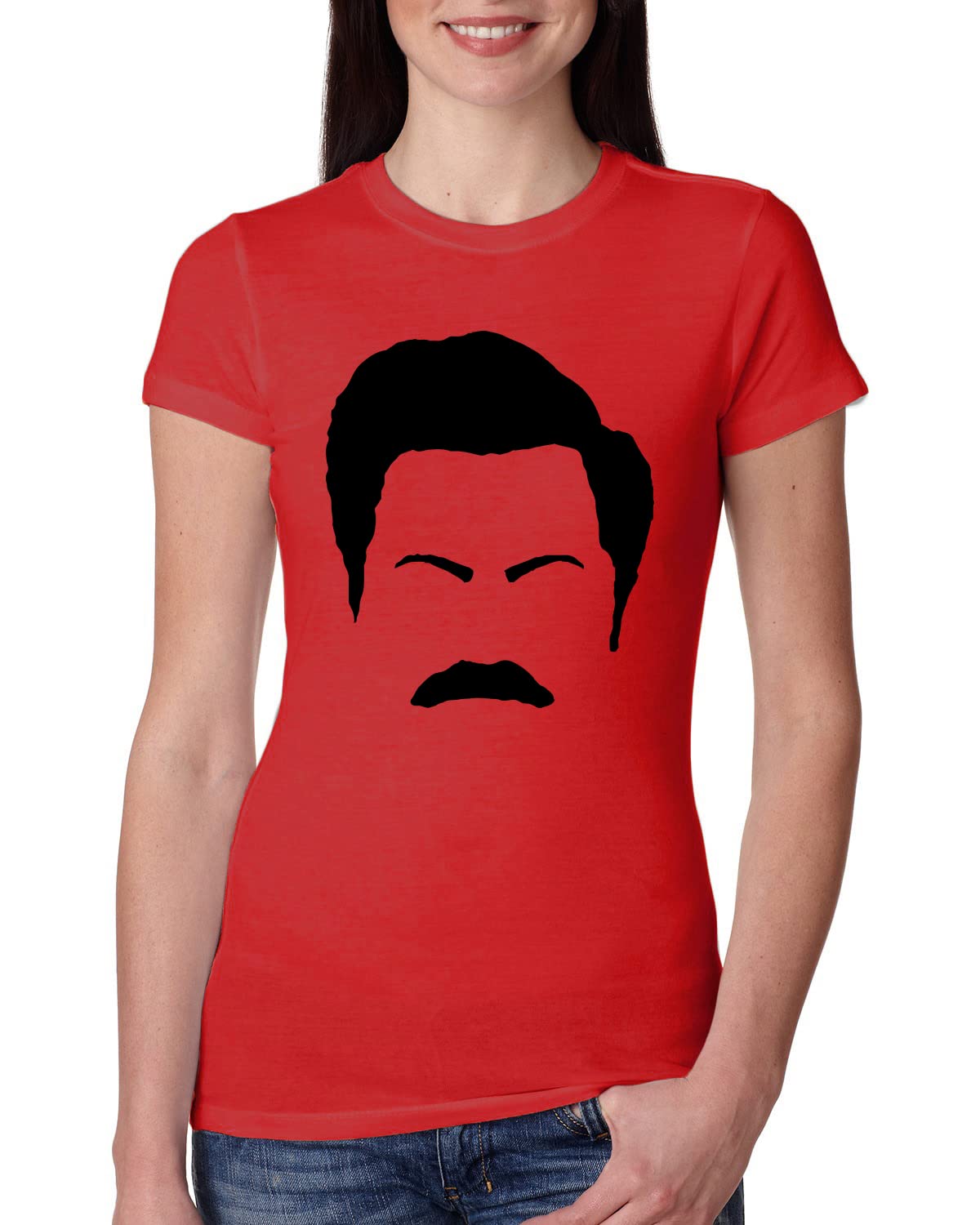 Ron Swanson Mustache Face Silhouette T-Shirt - Parks and Recreation Pop Culture Graphic Tee for Women | Slim Fit Junior Style | Perfect for TV Show Fans, Gift Giving & Casual Wear