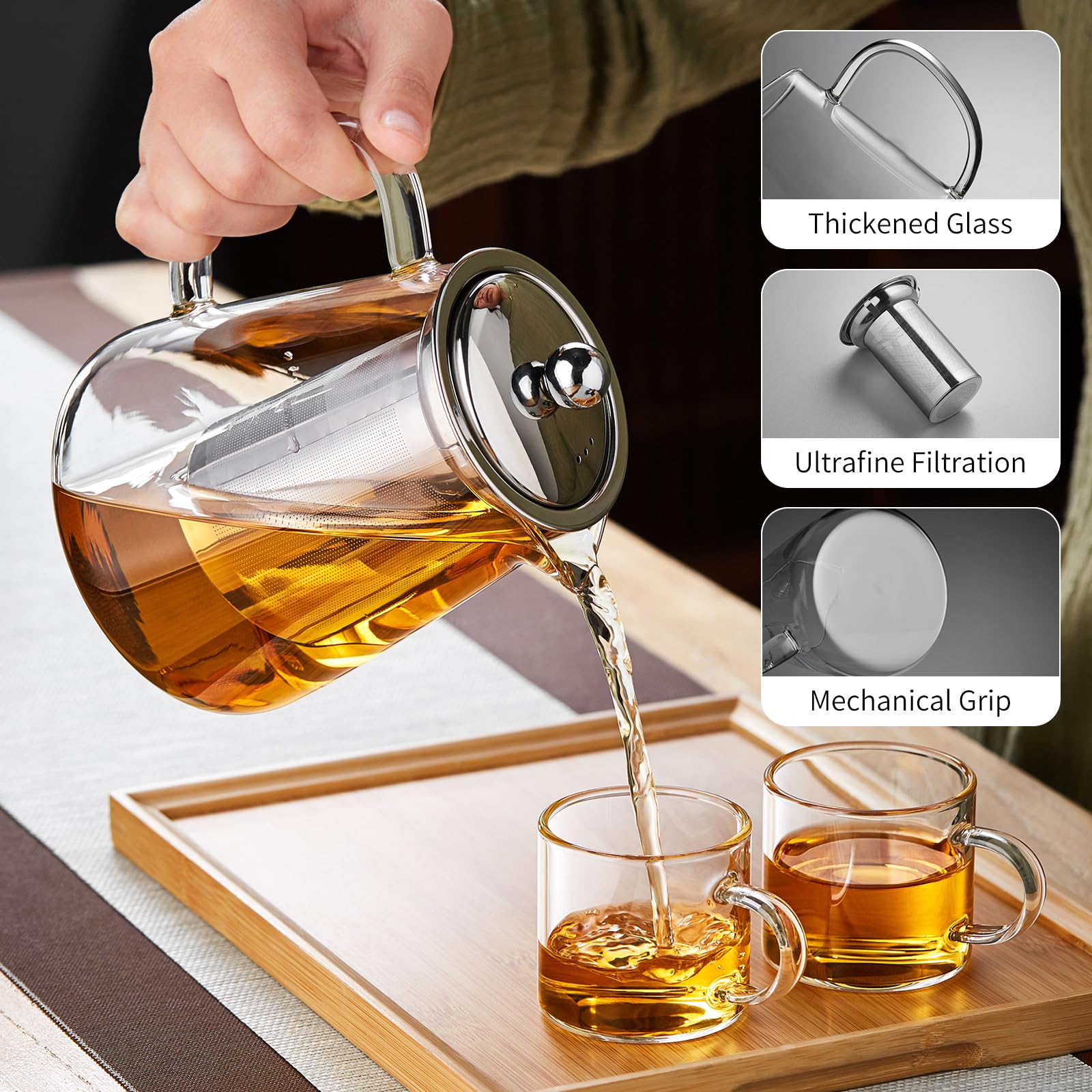 Premium Borosilicate Glass Tea Pot with Detachable Stainless Steel Infuser - 32oz/950ml Clear Teapot for Loose Leaf Tea, Blooming Tea & Tea Bags - Perfect for Home, Office & Tea Ceremonies