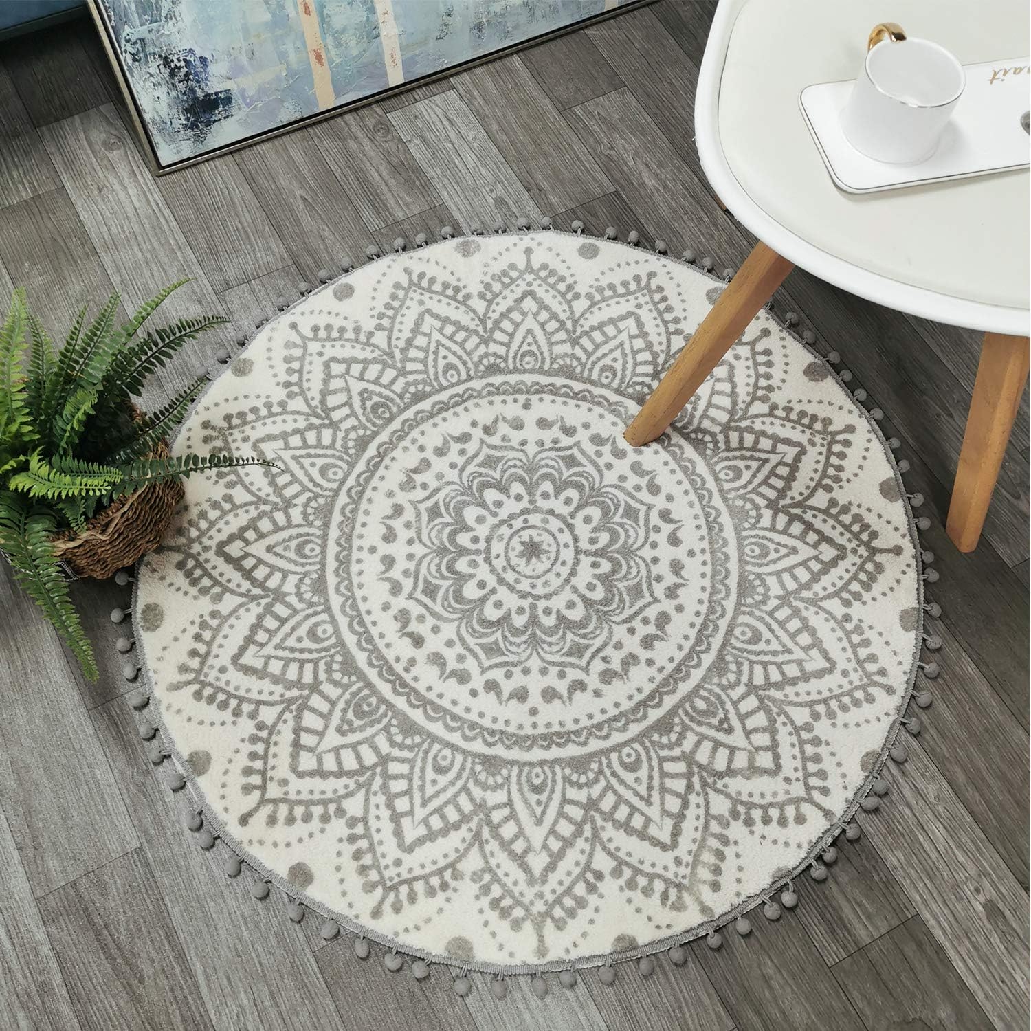 Uphome Boho Round Rug - 3' Circle Beige & Grey Washable Non-Slip Floor Mat with Pom Pom Fringe | Soft Mandala Accent Rug for Bedroom, Bathroom, Living Room, Nursery & Entryway | Perfect for Bohemian Decor, Kids Room & Cozy Home Spaces