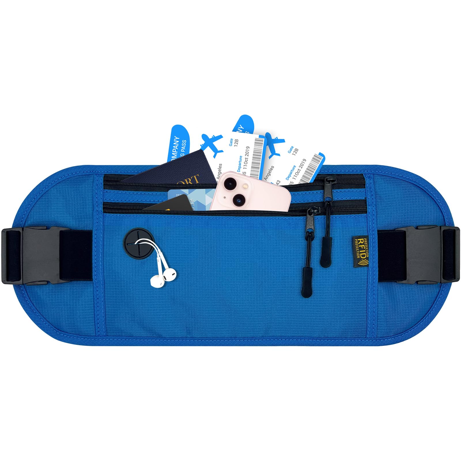 RFID Blocking Travel Money Belt - Hidden Passport Wallet & Credit Card Holder for Men & Women | Secure Cash, Documents During Travel, Hiking & Sightseeing (Blue)