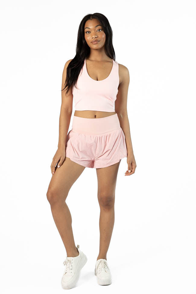 First Place Women's High-Waisted Pink Ribbed Running Shorts - Breathable Workout Shorts for Jogging, Gym & Yoga