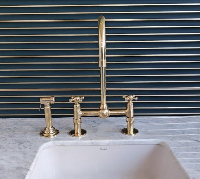 8 Inch Unlacquered Solid Brass Bridge Kitchen Faucet with Cross Handles & Straight Legs - Includes Sprayer for Modern Farmhouse Sink (Perfect for Vintage Style Kitchen Renovation)