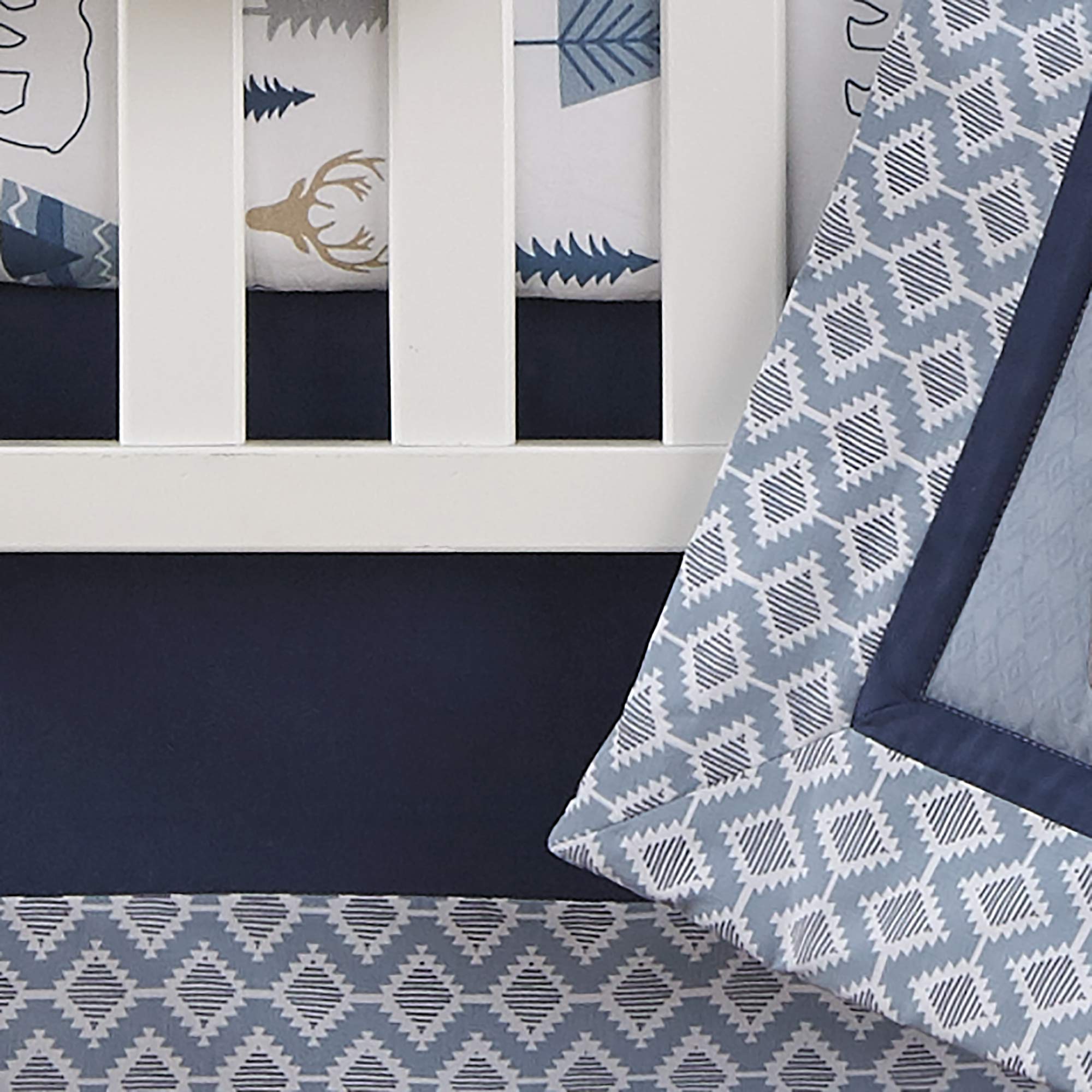 Levtex Baby Emerson 4-Piece Crib Bedding Set - Navy Blue Grey Tan Animal Adventure Nursery Collection - Quilt, Fitted Sheet, Dust Ruffle & Wall Decal for Newborn Infant Bedroom Decor