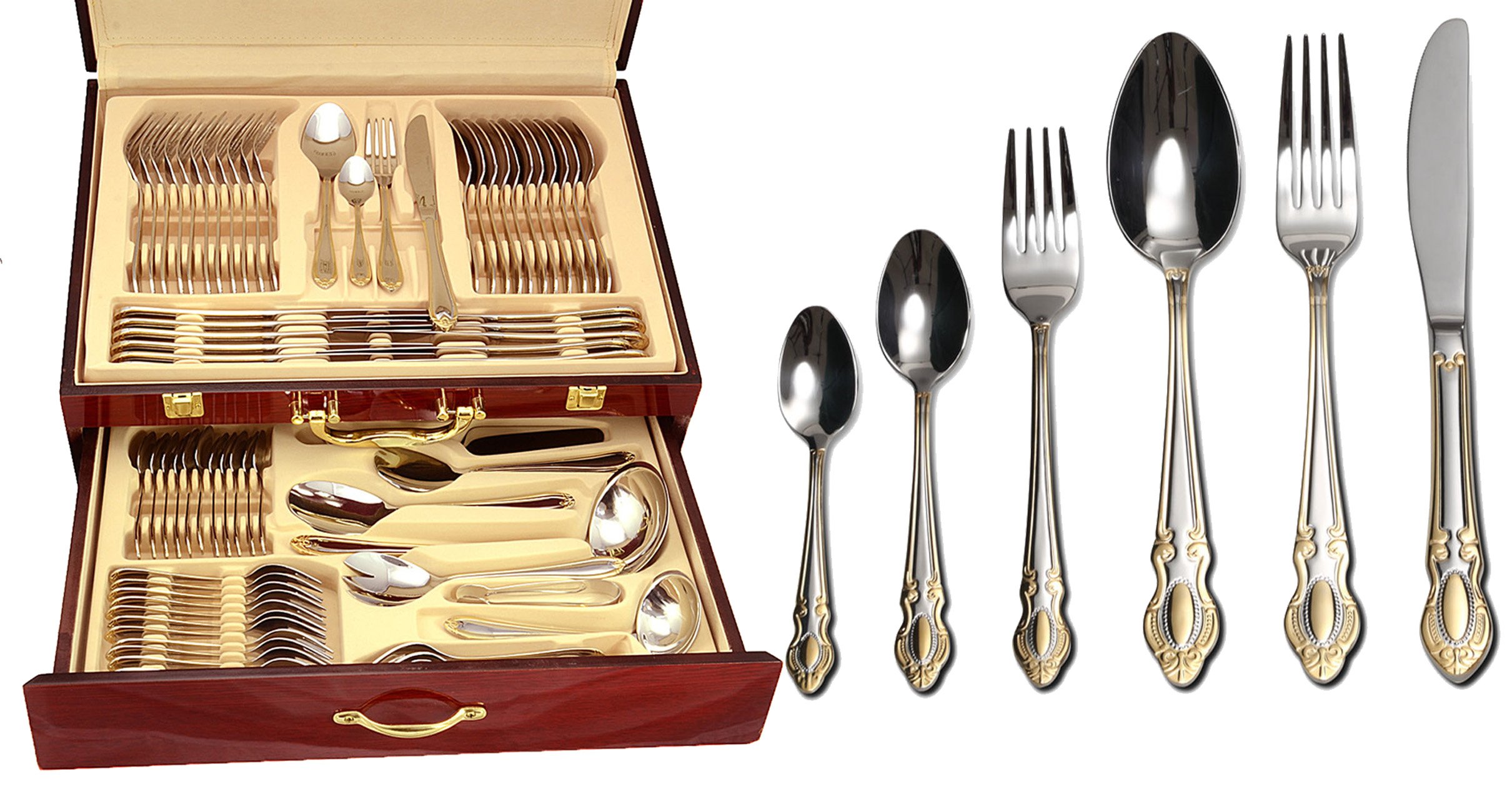 Venezia Collection Michelangelo 75-Piece Flatware Set - Premium 18/10 Stainless Steel Cutlery with 24K Gold Accents - 12-Person Dining Set Includes Hostess Serving Pieces in Wooden Storage Case - Perfect for Formal Dinners, Wedding Gifts & Luxury Entertaining