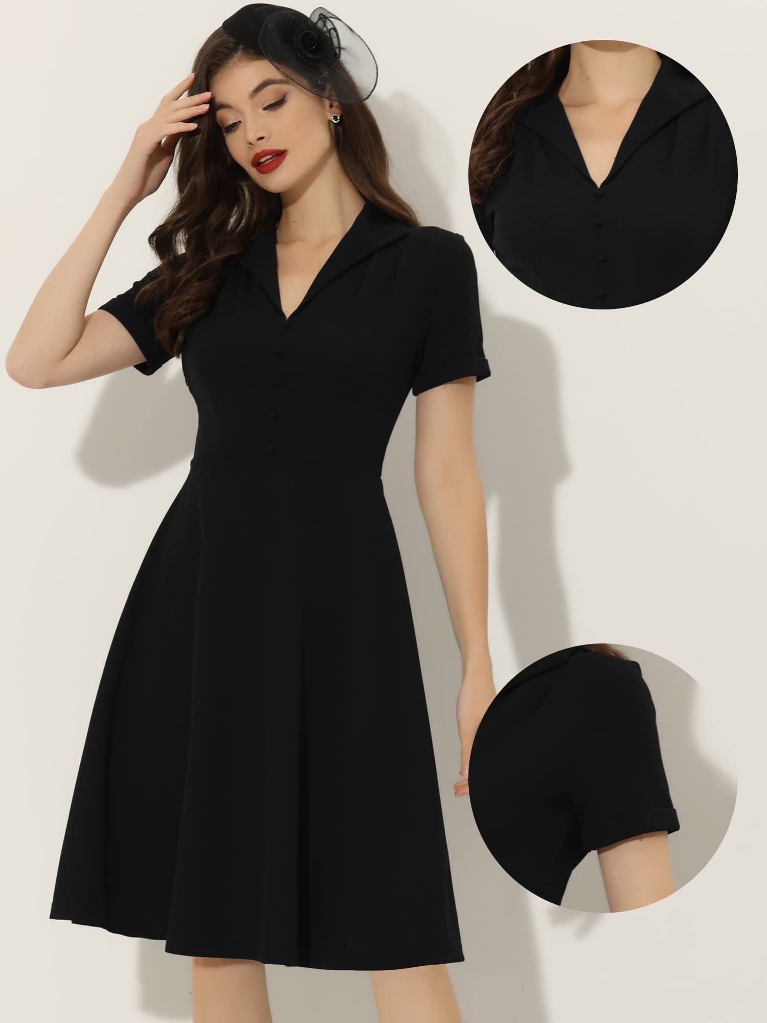 Allegra K Women's Vintage Fit and Flare Dress - 2025 Spring Short Sleeve Flat Collar Casual Sundress for Brunch, Garden Party & Summer Outings