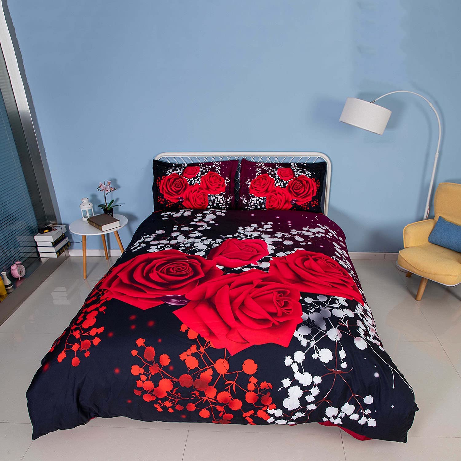 5-Piece 3D Rose Floral Duvet Cover Set King Size - Red Rose Wedding Bedding Includes 1 Duvet Cover, 1 Flat Sheet, 1 Fitted Sheet & 2 Pillow Shams - Luxury 3D Floral Bedspread for Romantic Bedroom Decor