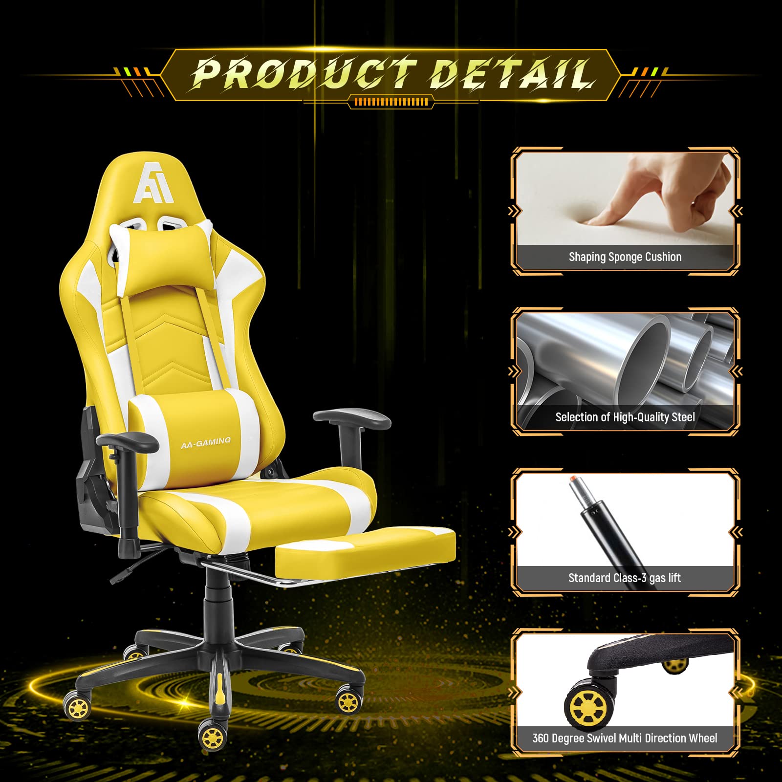 Premium Gaming Chair - High Back Ergonomic Racing Style Computer Chair with Adjustable Lumbar Support, Footrest & 360° Swivel for PC/Console Gamers (Yellow & White) - Perfect for Esports, Streaming & Home Office Workspace