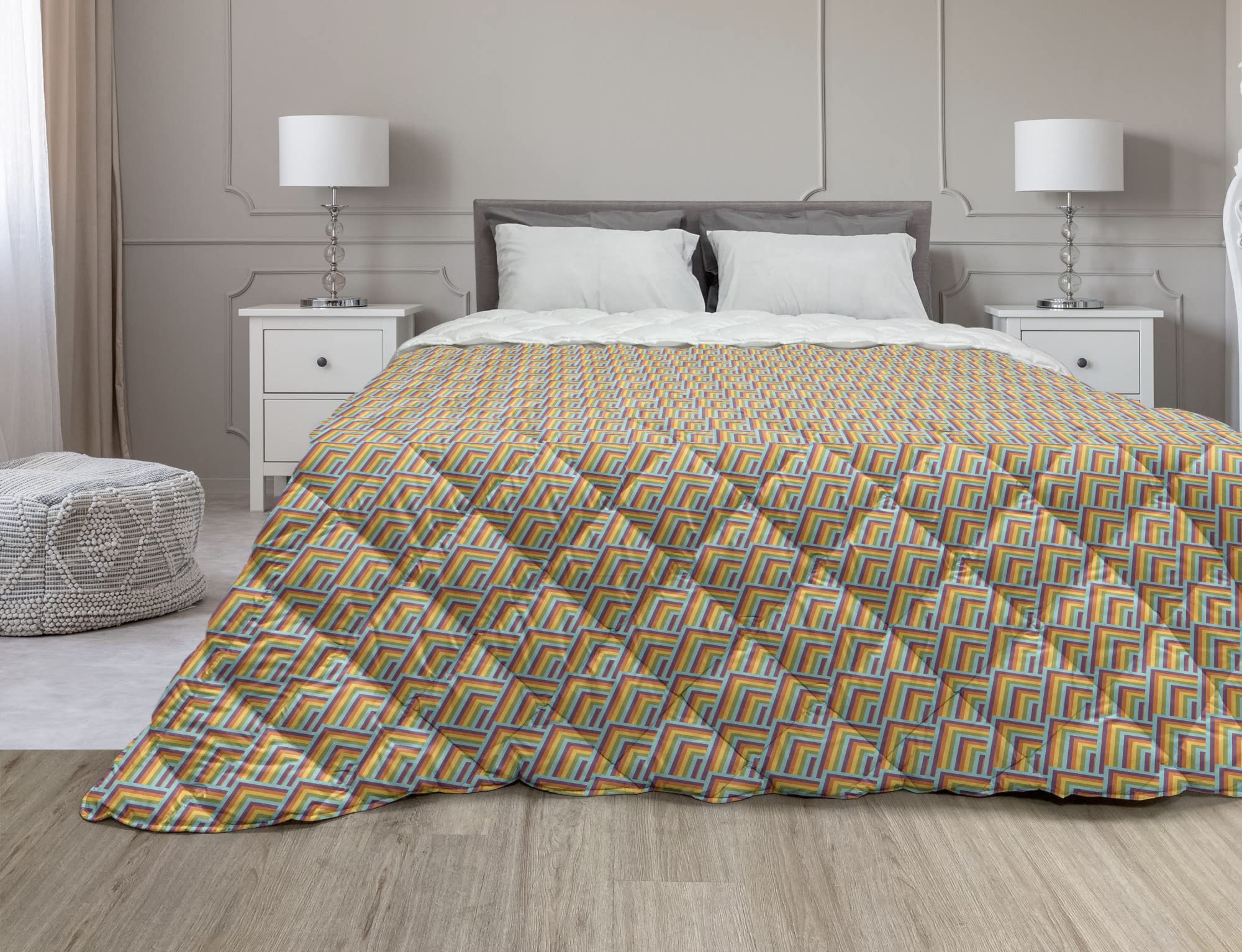Ambesonne Abstract Down Alternative Comforter - Retro Geometric Rainbow Design Microfiber Quilt | All-Season Queen Size Bedding in Orange & Purple | Perfect for Modern Bedrooms, Guest Rooms & Dorm Decor