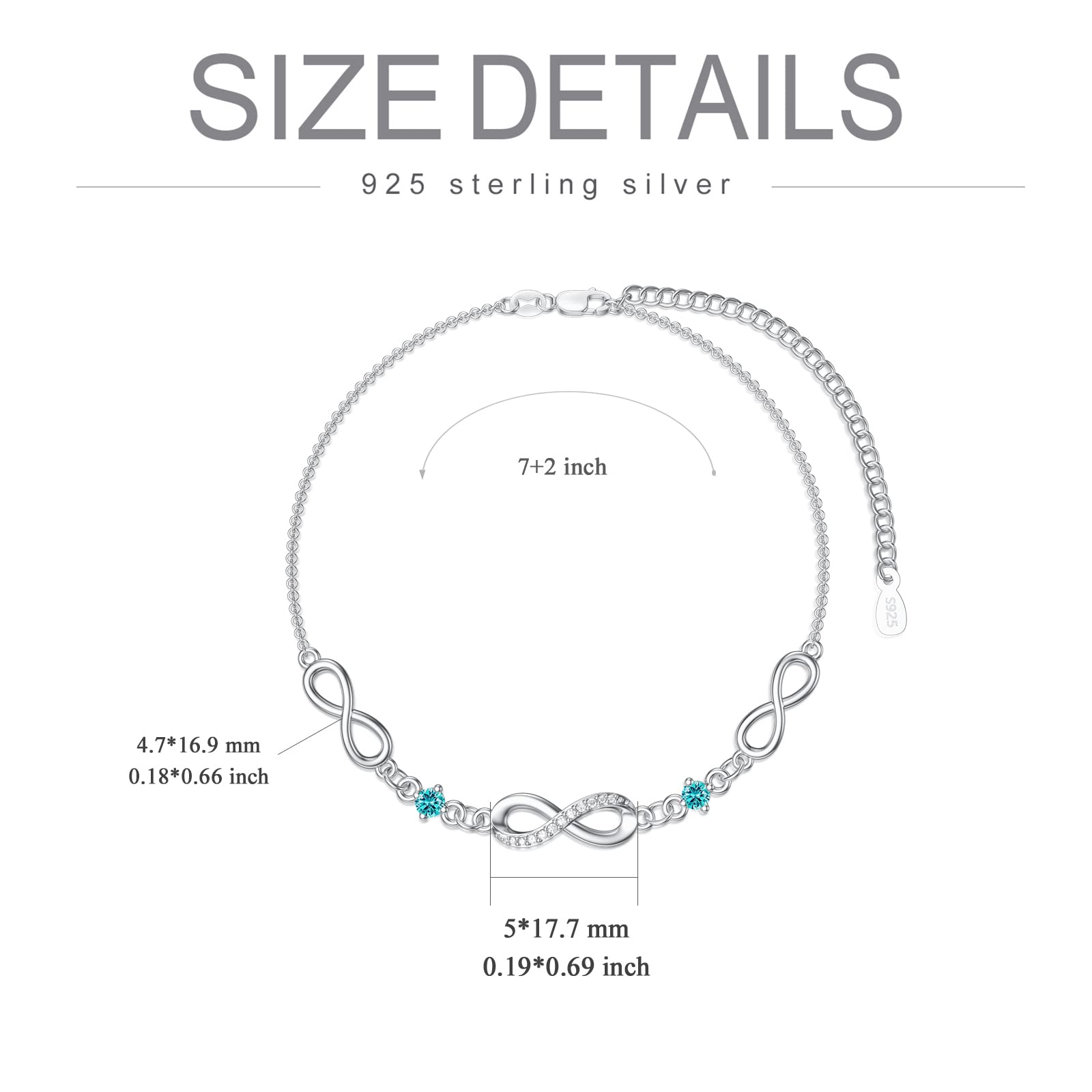 Infinity Bracelet for Women - 925 Sterling Silver Adjustable Birthstone Charm Link Bracelet - Christmas, Birthday Gifts for Wife, Mom, Her - Perfect for Holidays, Anniversaries & Special Occasions