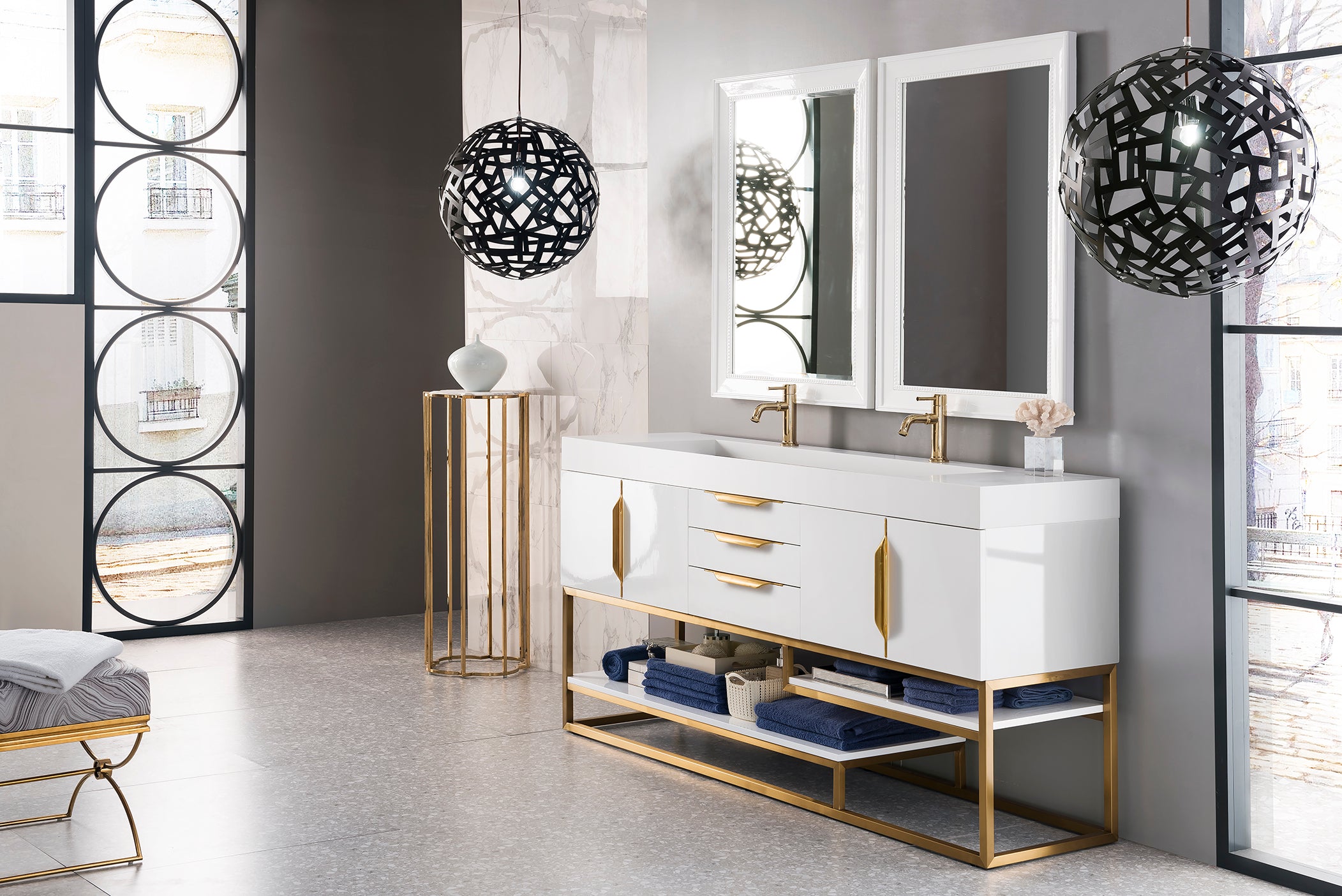 Columbia 72 Inch Double Vanity with Glossy White Finish & Radiant Gold Accents - Glossy White Composite Top for Modern Bathroom Renovation | Perfect for Master Bath, Guest Bath & Luxury Home Upgrades