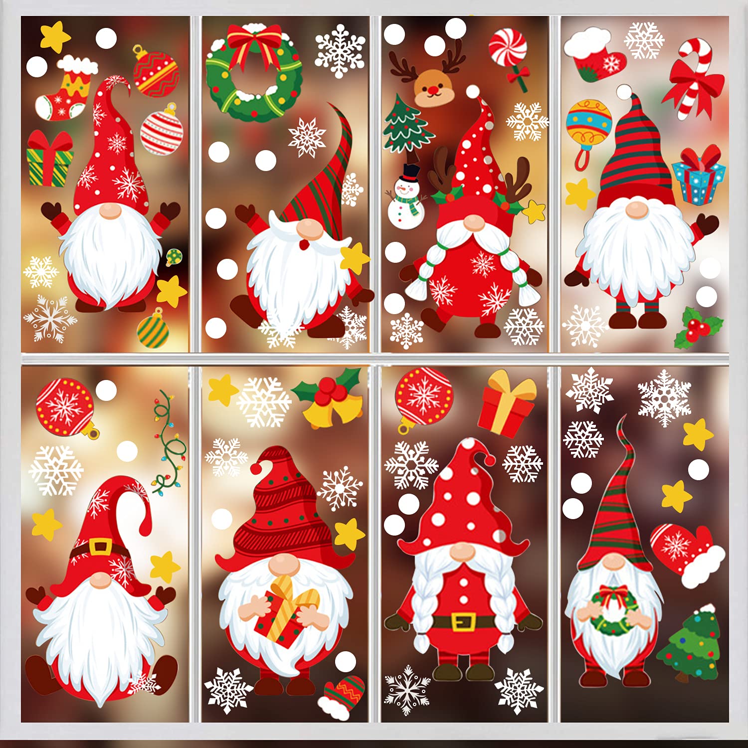 8 Sheets Christmas Window Clings - Winter Gnome & Snowflake Decals for Glass Windows | Xmas Holiday Home, Office & Kids Party Decorations | Festive Seasonal Decor for Doors, Schools & Shops