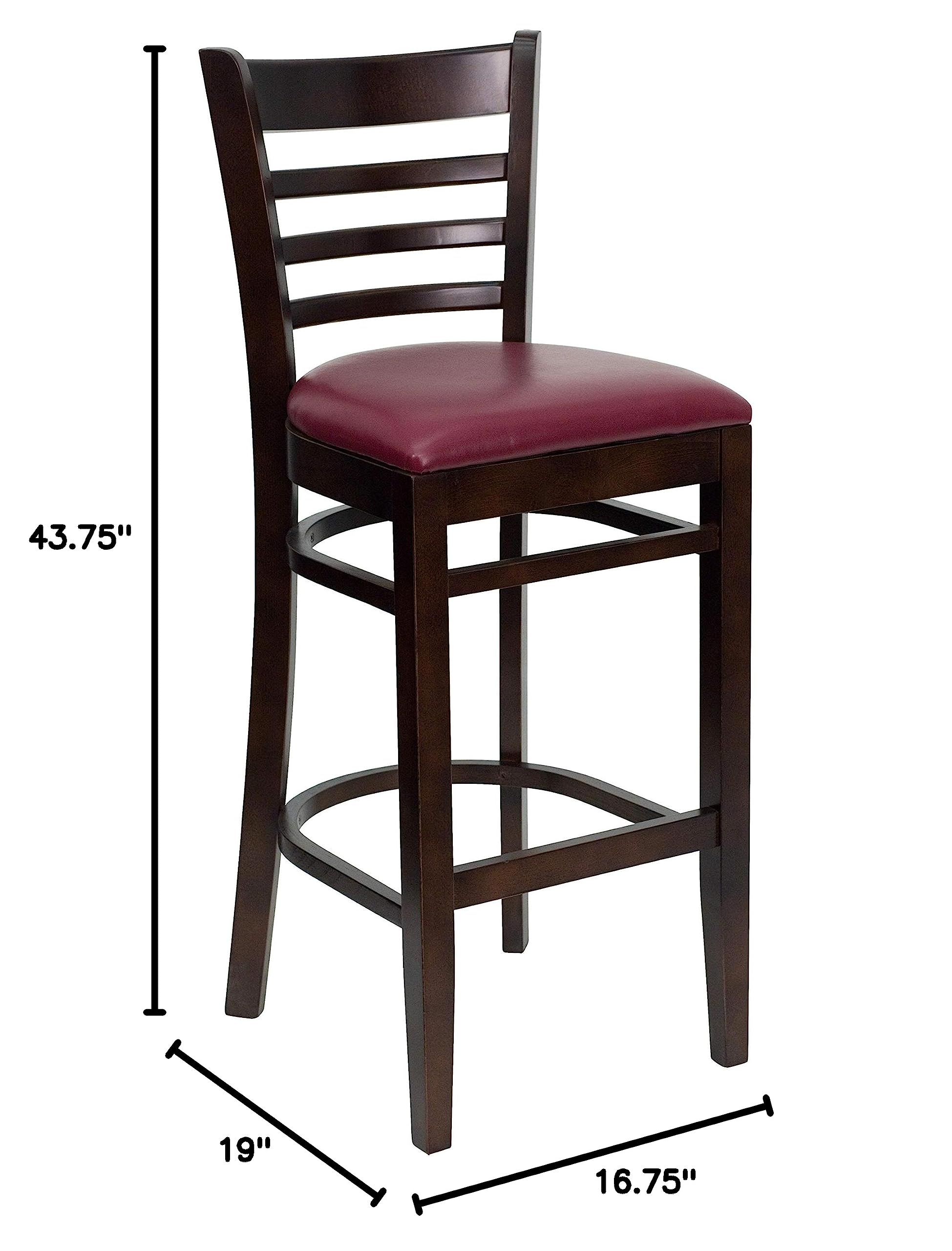 2 Pack Walnut Wood Bar Stools with Burgundy Vinyl Upholstered Seats - Rustic Ladder Back Design for Kitchen Island, Breakfast Bar & Restaurant Counter Stools - Durable & Comfortable Dining Chairs