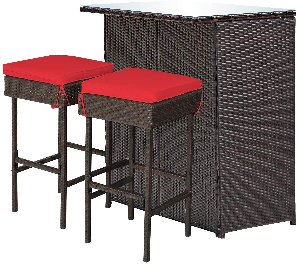 Outdoor Patio Bar Set - 3-Piece Wicker Rattan Bar Stools & Glass Top Table with 2 Storage Shelves & Cushions - Perfect for Lawn, Pool, Backyard, Garden, Porch (Red) | Ideal for Outdoor Entertaining, Relaxing & Dining Al Fresco