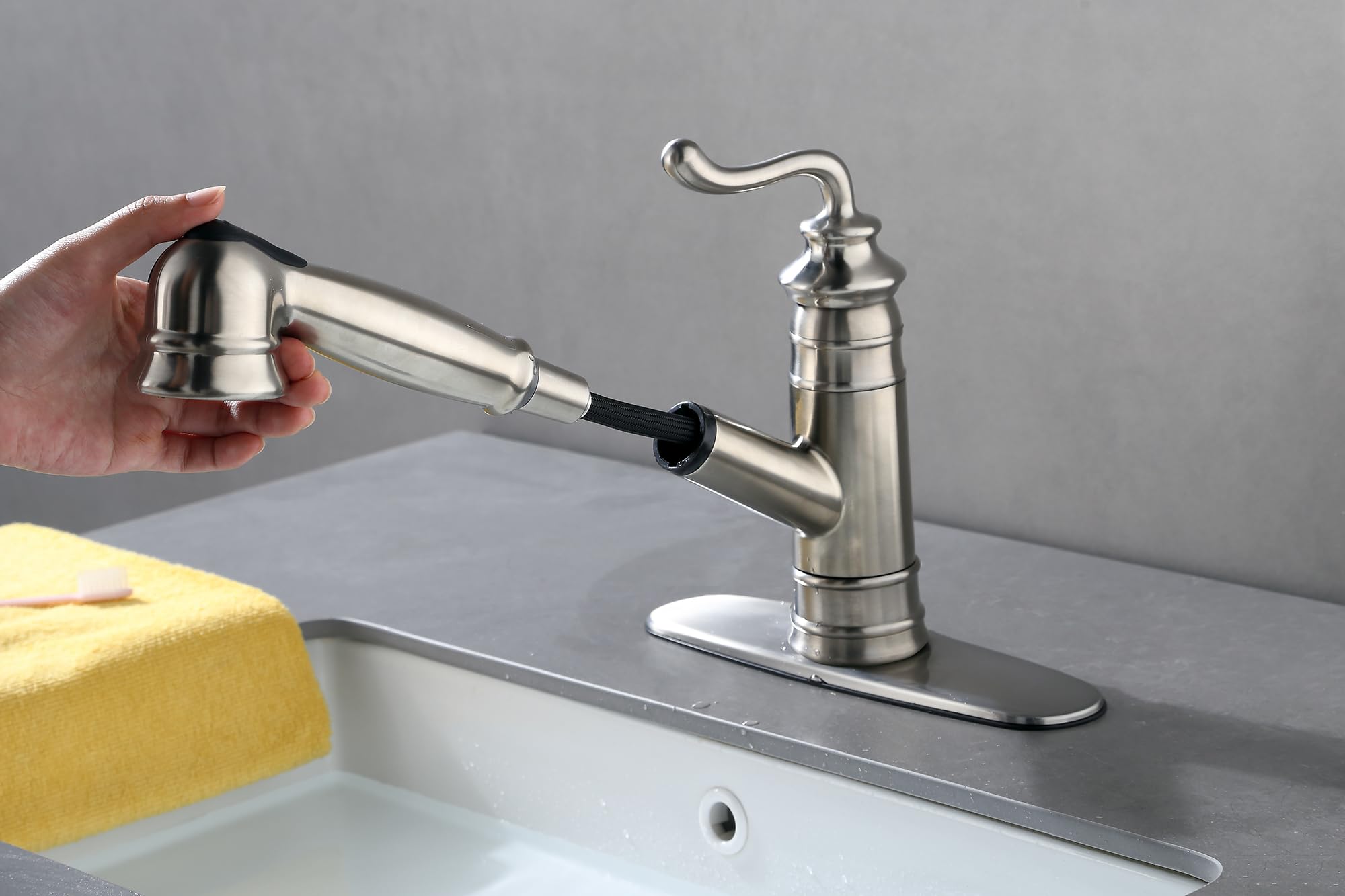 Stainless Steel Single Handle Pull Out Kitchen Sink Faucet, Brushed Nickel Pull Down Faucet FS-825-KGSS for Modern Home Kitchens