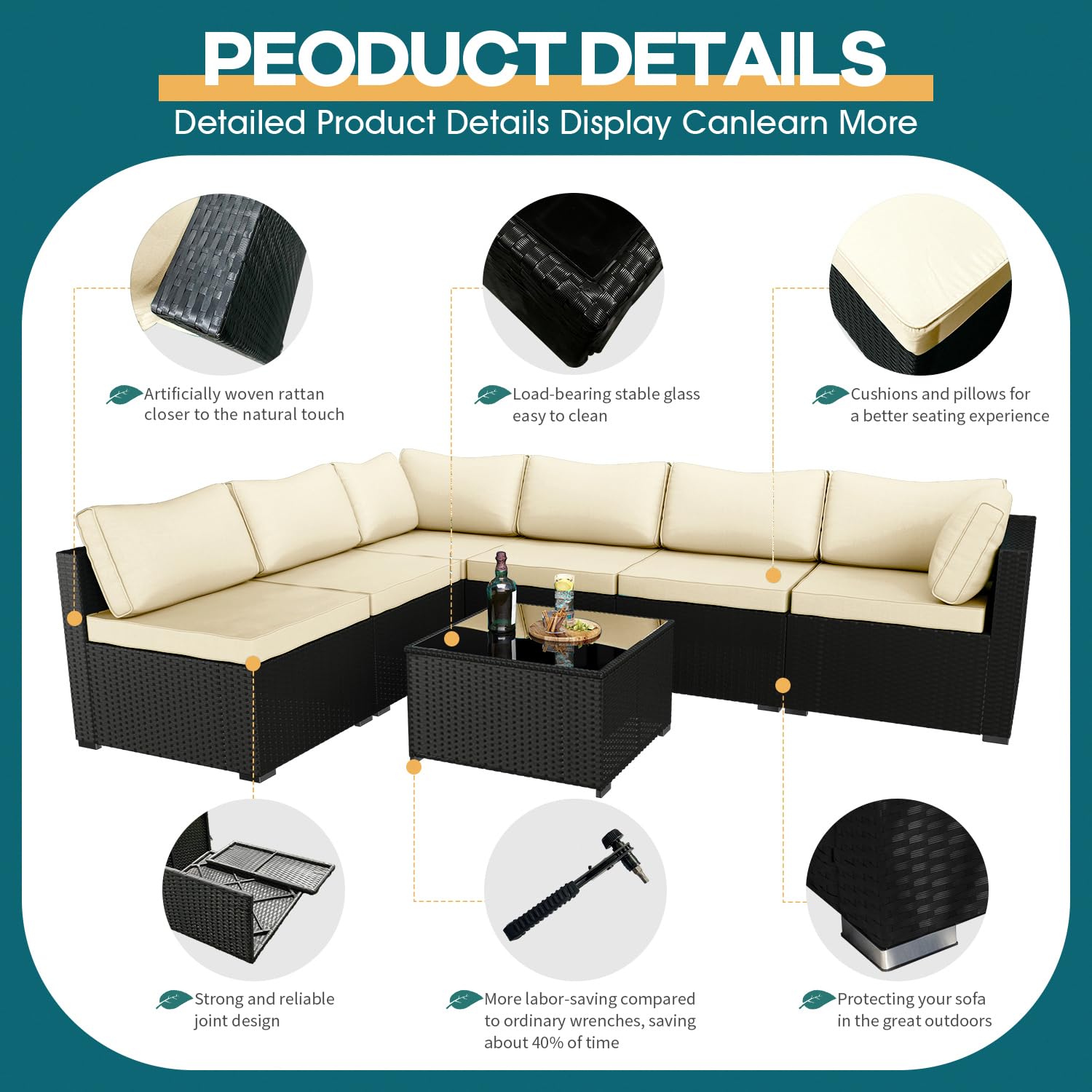 7-Piece Outdoor Patio Furniture Set - Wicker Rattan Sectional Sofa with Cushions & Glass Table, Modular Conversation Set for Porch, Poolside, Backyard, Garden - Perfect for Relaxing & Entertaining Outdoors